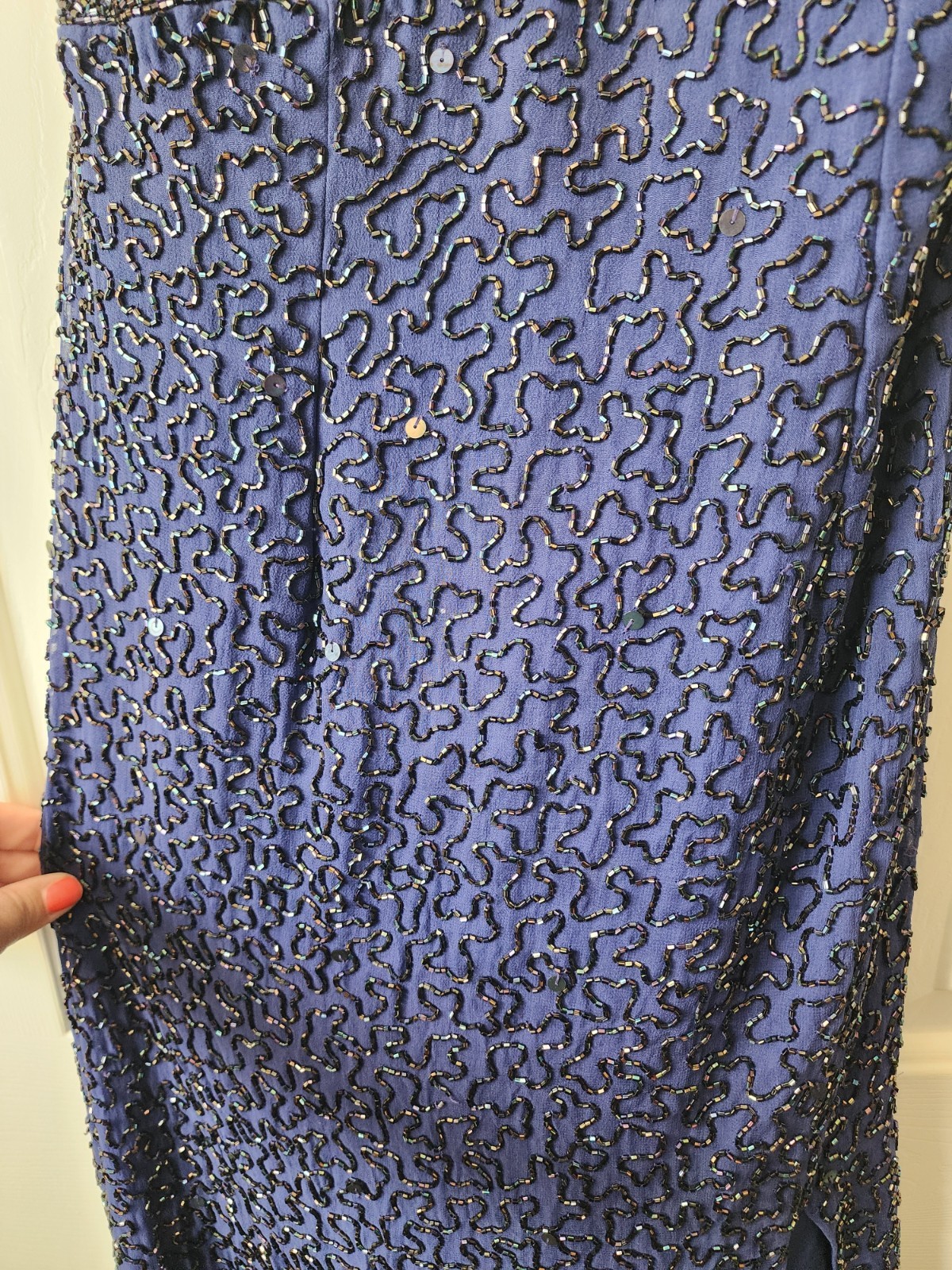 VTG Andretta Donatello Blue Beaded Formal Gown Backless Event Silk L