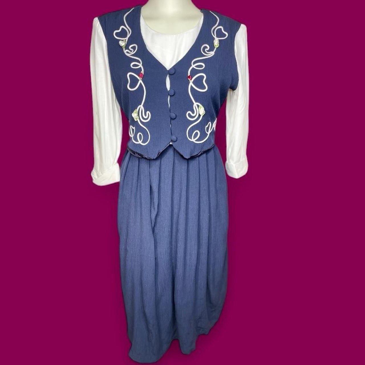 Vintage 80s 12/M Midi Dress W/vest Teacher Cottagecore 3D Rose Embroidery Hearts