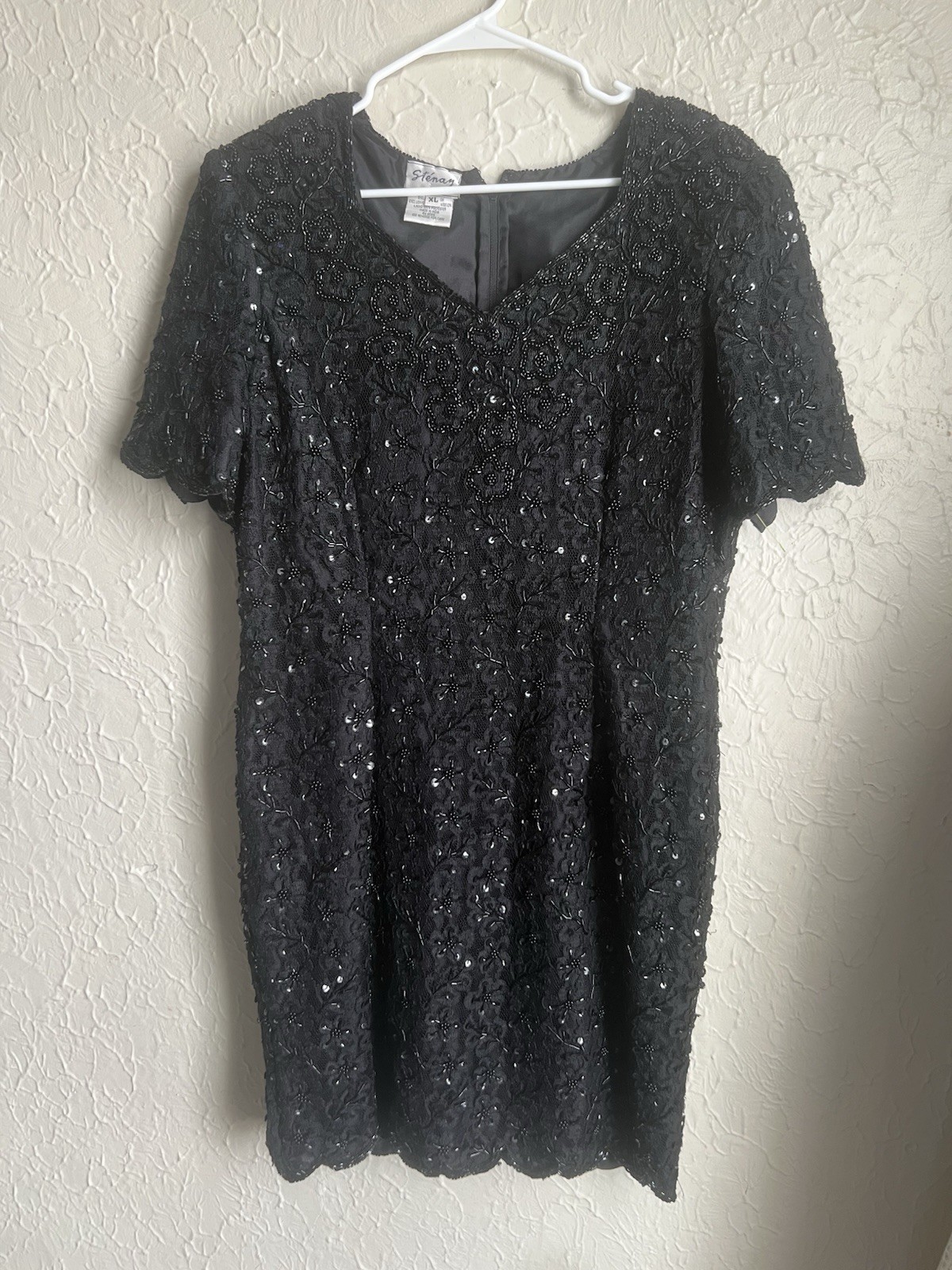 Vintage Stenay Black Fully Beaded Sequin formal dress Mother Of Bride Short XL