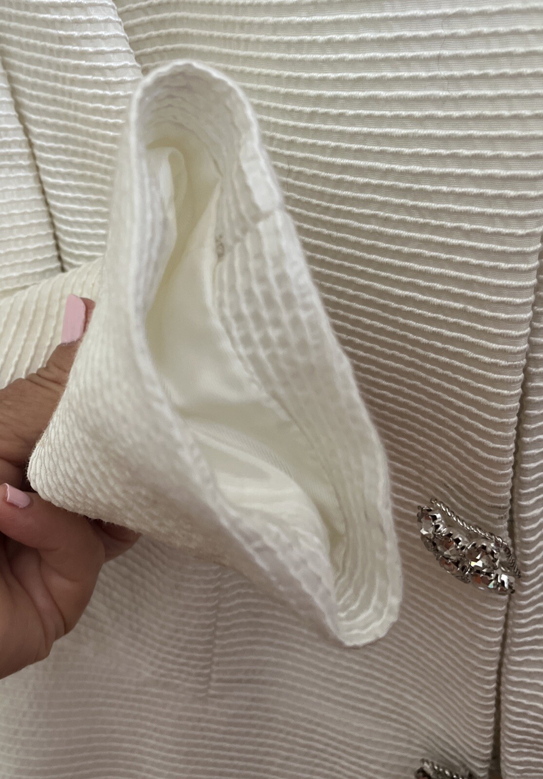 Vintage SILK &lsquo;N SANDERSON Blazer Jacket Off-White RHINESTONE BUTTONS Peplum