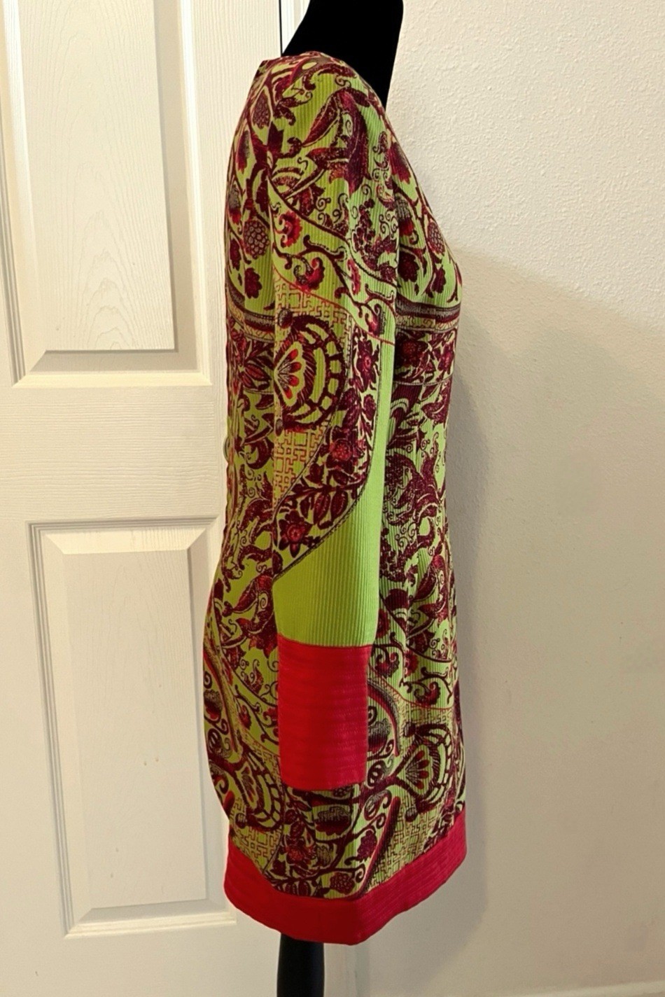 Vintage VERSACE Green & Red Floral Long Sleeve Dress, Made In Italy, Signed