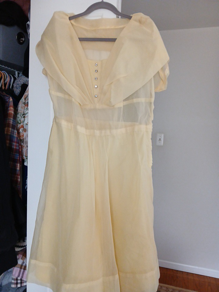 Vintage 1950s No Label Yellow Sheer Polka Dot Peach Party Cocktail Dress Sz L