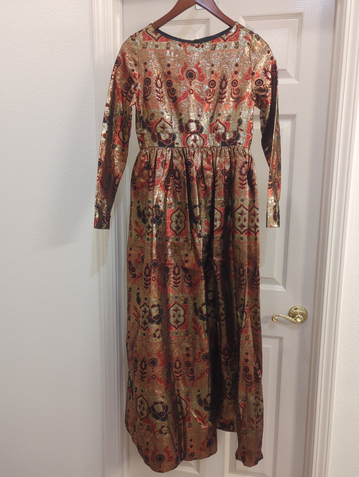 Vintage Jeannene Booher for Jennifer Gold Metallic Brocade Maxi Dress Womens XS