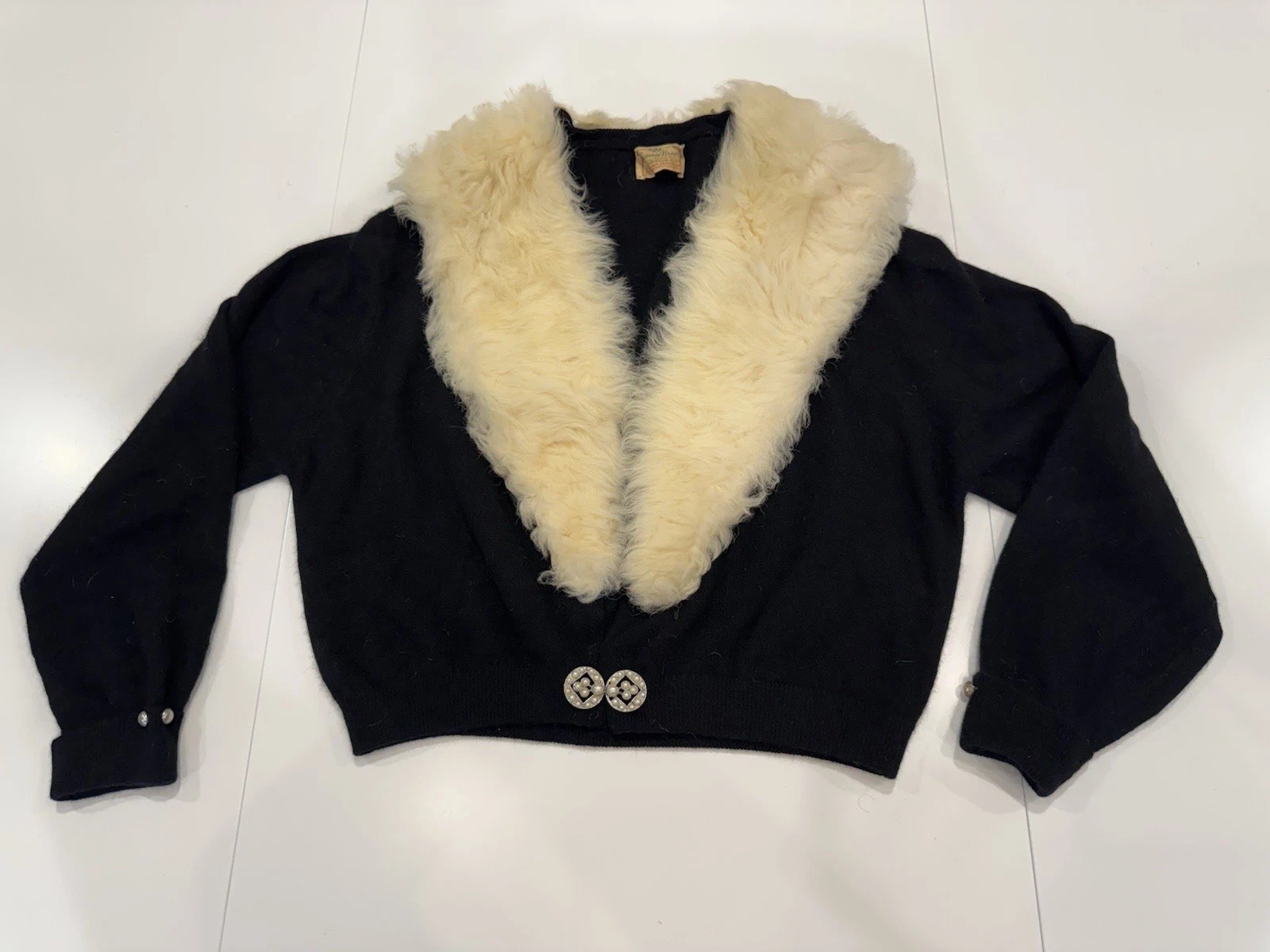 Vtg 1960&rsquo;s Bonnie Briar Black Angora Wool Real Fur Collar Sweater Buttons