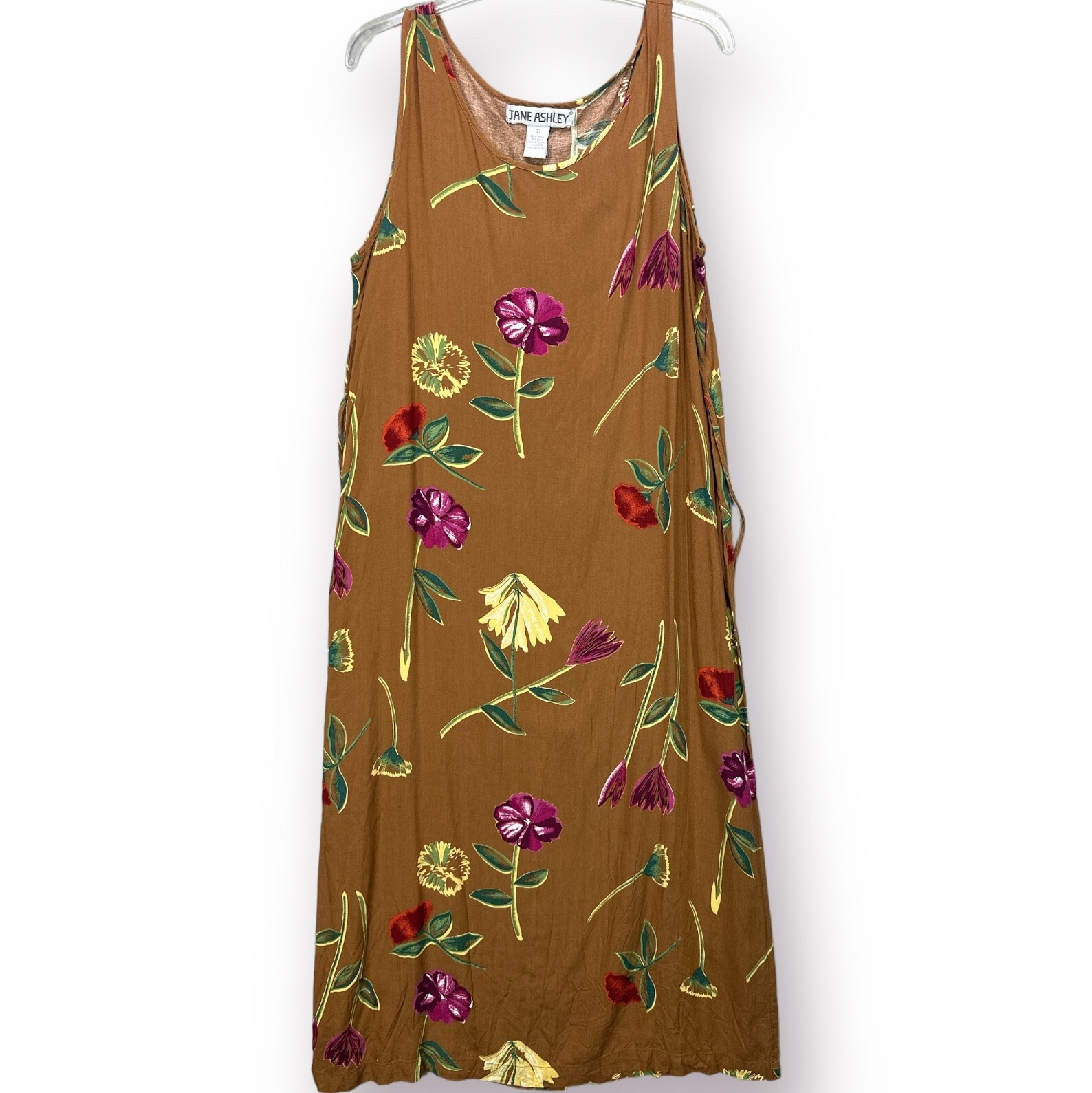 90s Vintage All Over Print Floral Maxi Dress Womens Size L Brown Jane Ashley