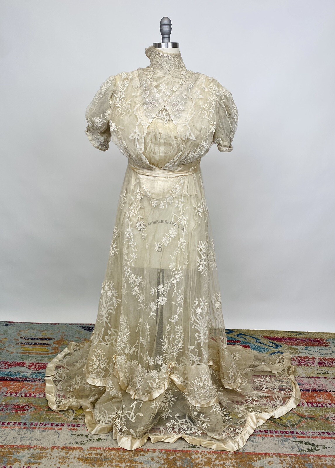 Antique Titanic Era Battenburg net lace silk wedding gown shoes wax flowers