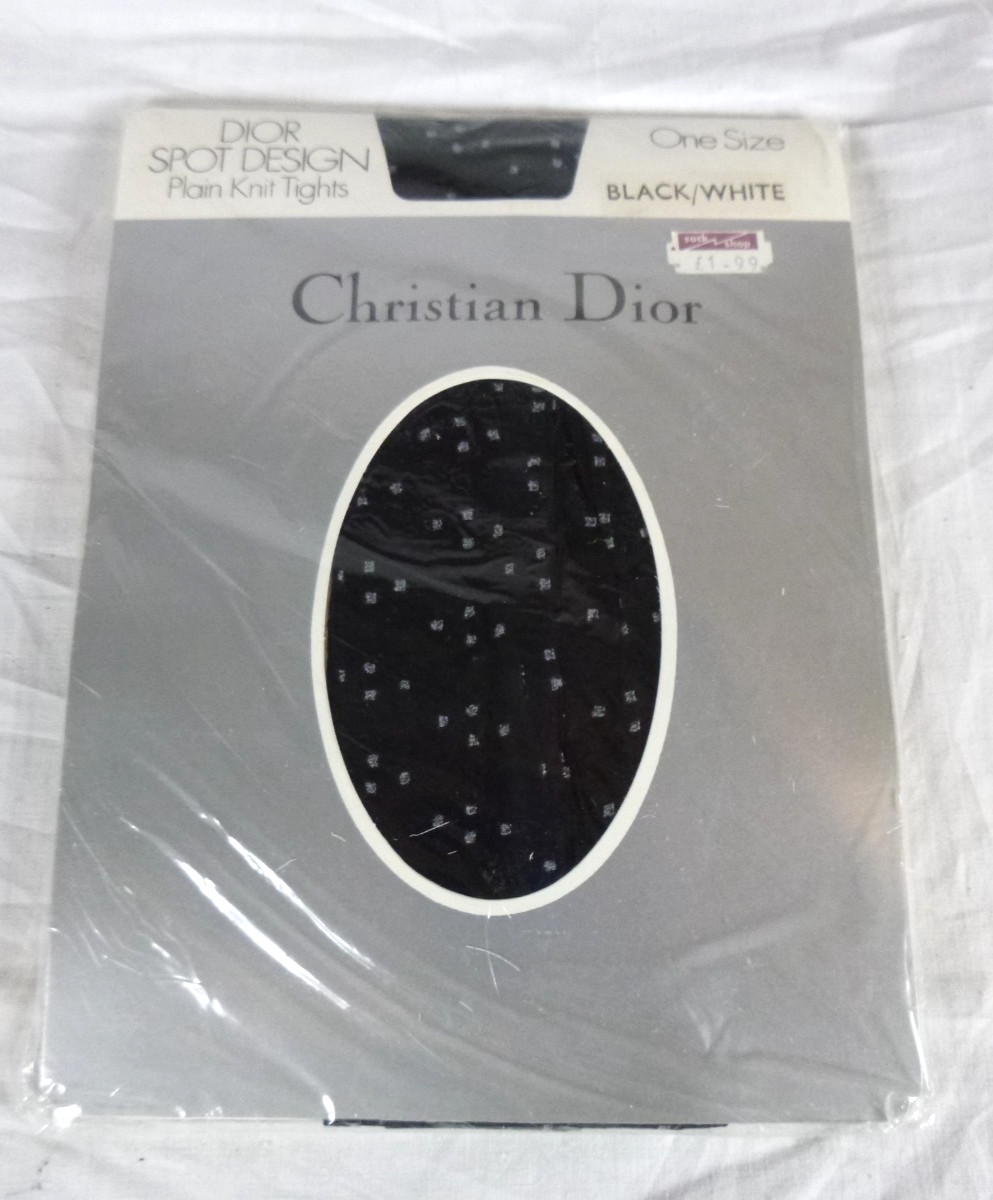 NOS Vtg Christian Dior Spot Design Plain Knit Tights Black White One Size