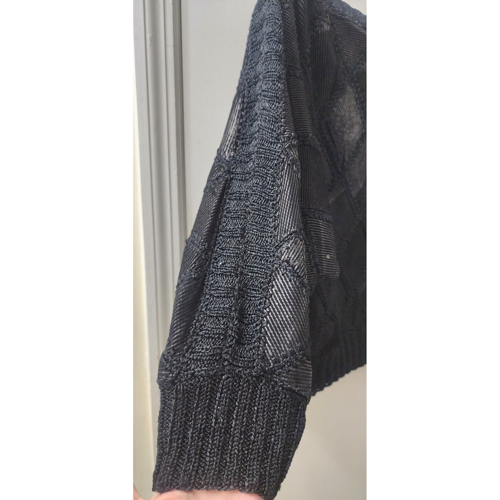 Vintage Black Diamond Knit 2 Piece Set Batwing Top Scalloped Midi Skirt L XL