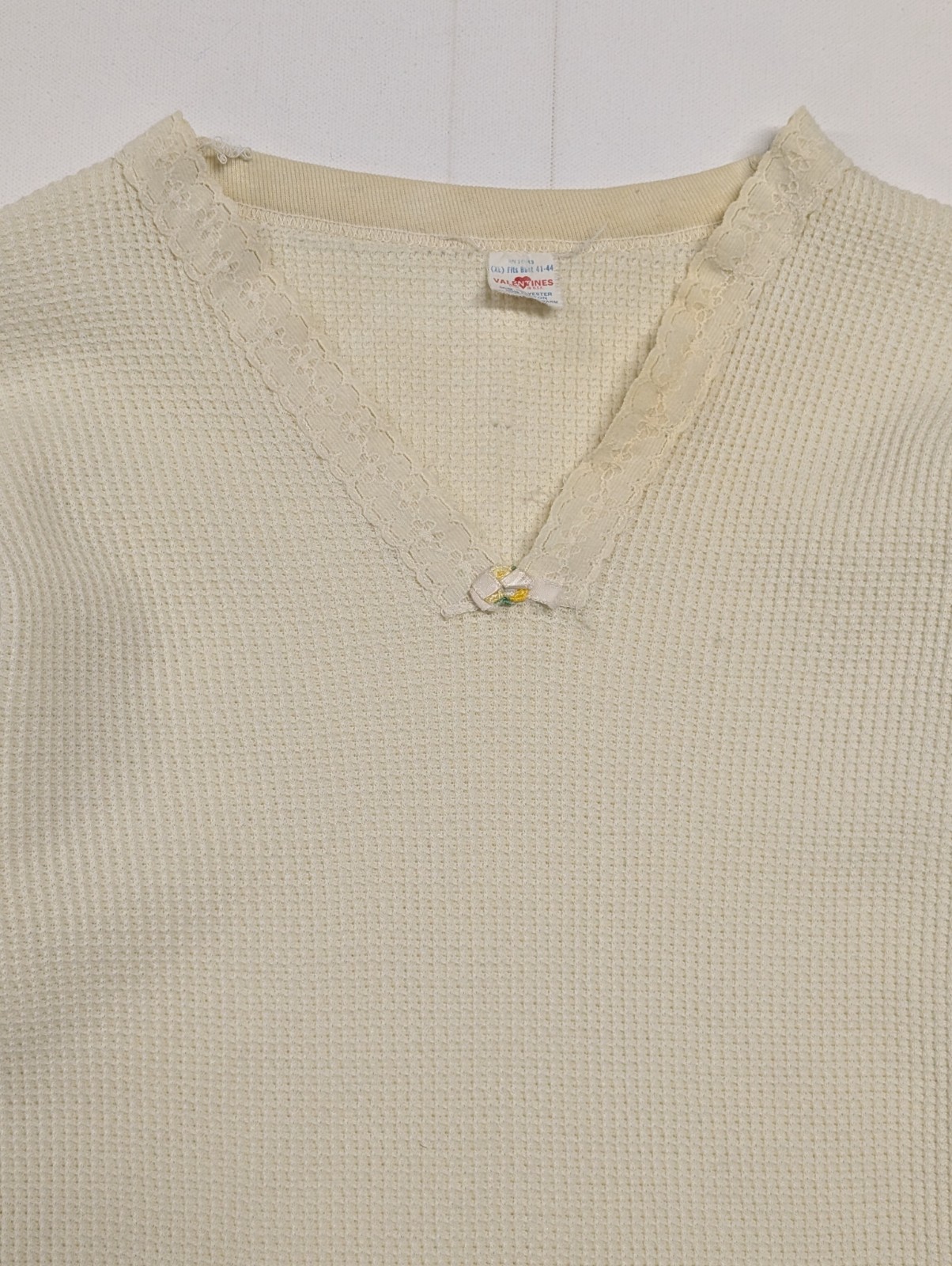 VTG 80s 90s VALENTINES Long Sleeve Top Women&rsquo;s XL Thermal Waffle Knit Lace Trim