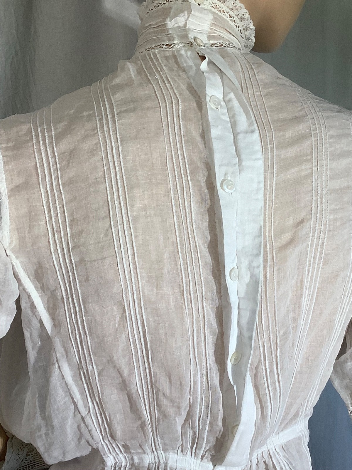 antique Edwardian blouse Top white Cotton lace M heirloom High neck 3/4 sleeve