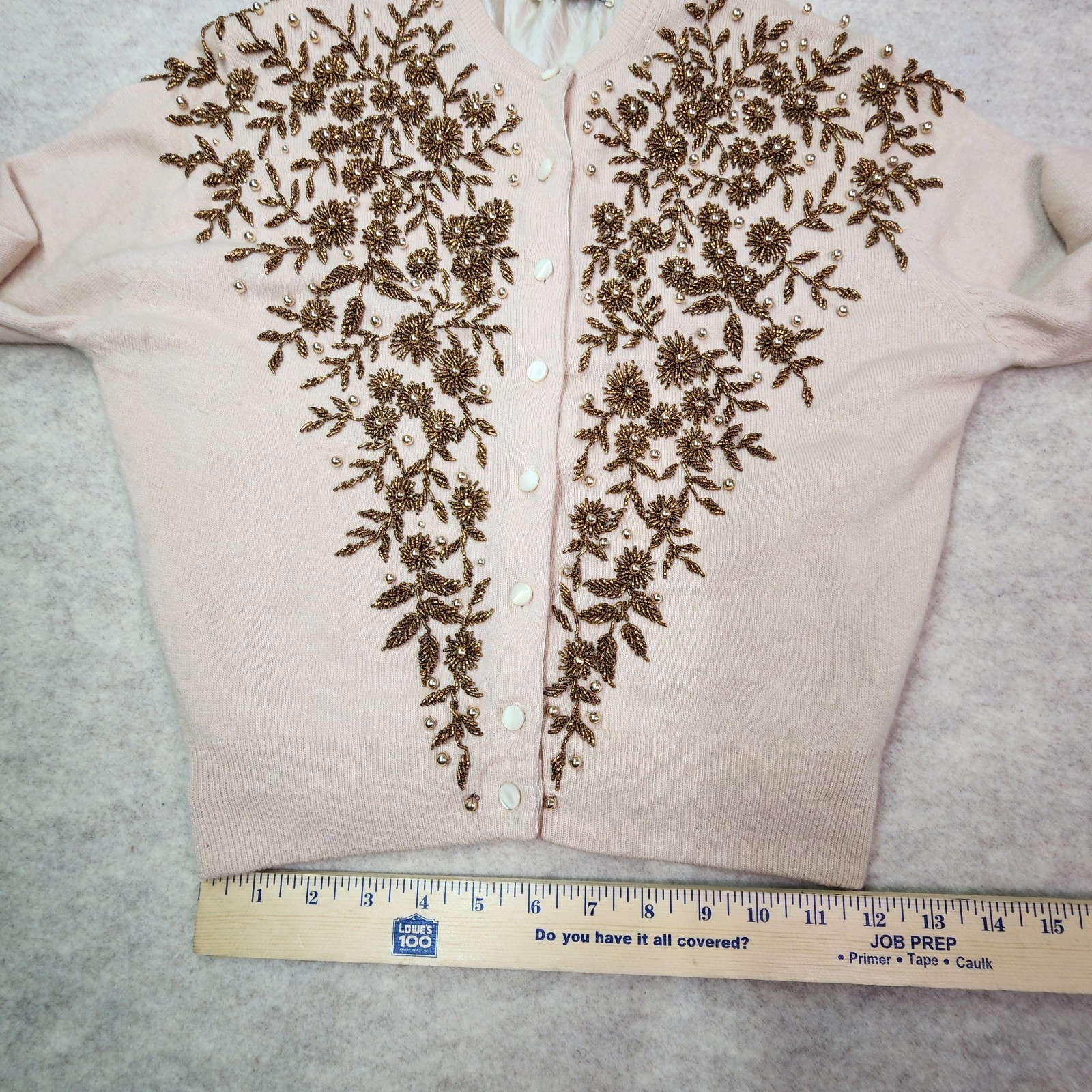 Vintage Floral Beaded Cashmere Cardigan Lined Pearlized Buttons Size 38 Gorgeous