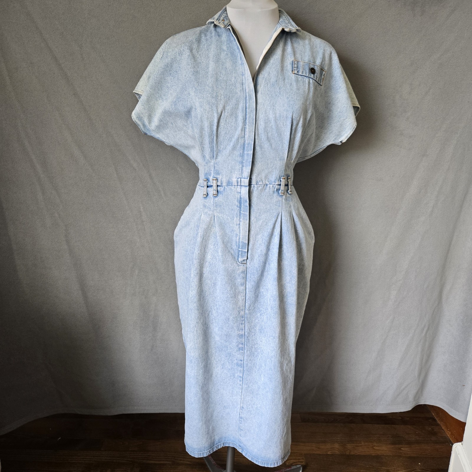 Vintage 80s Frederick&rsquo;s Of Hollywood Acid Washed Denim Dress Waist 29.5&Prime;