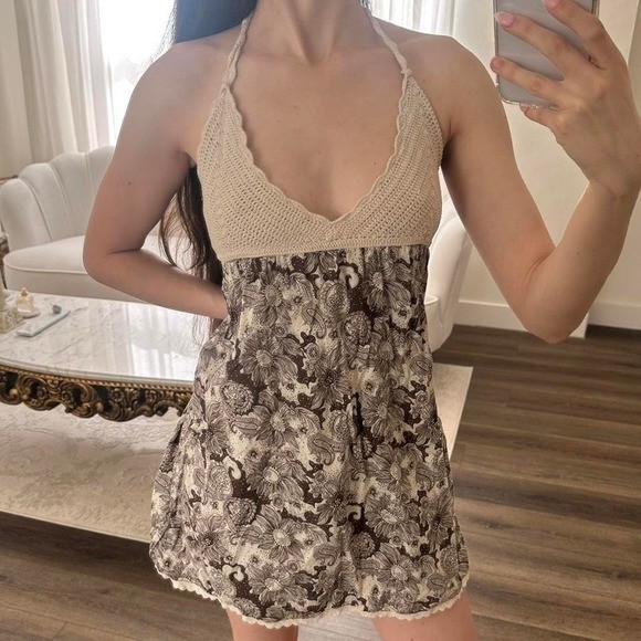 Vintage Flying Tomato S Brown Floral Crochet Halter Mini Dress