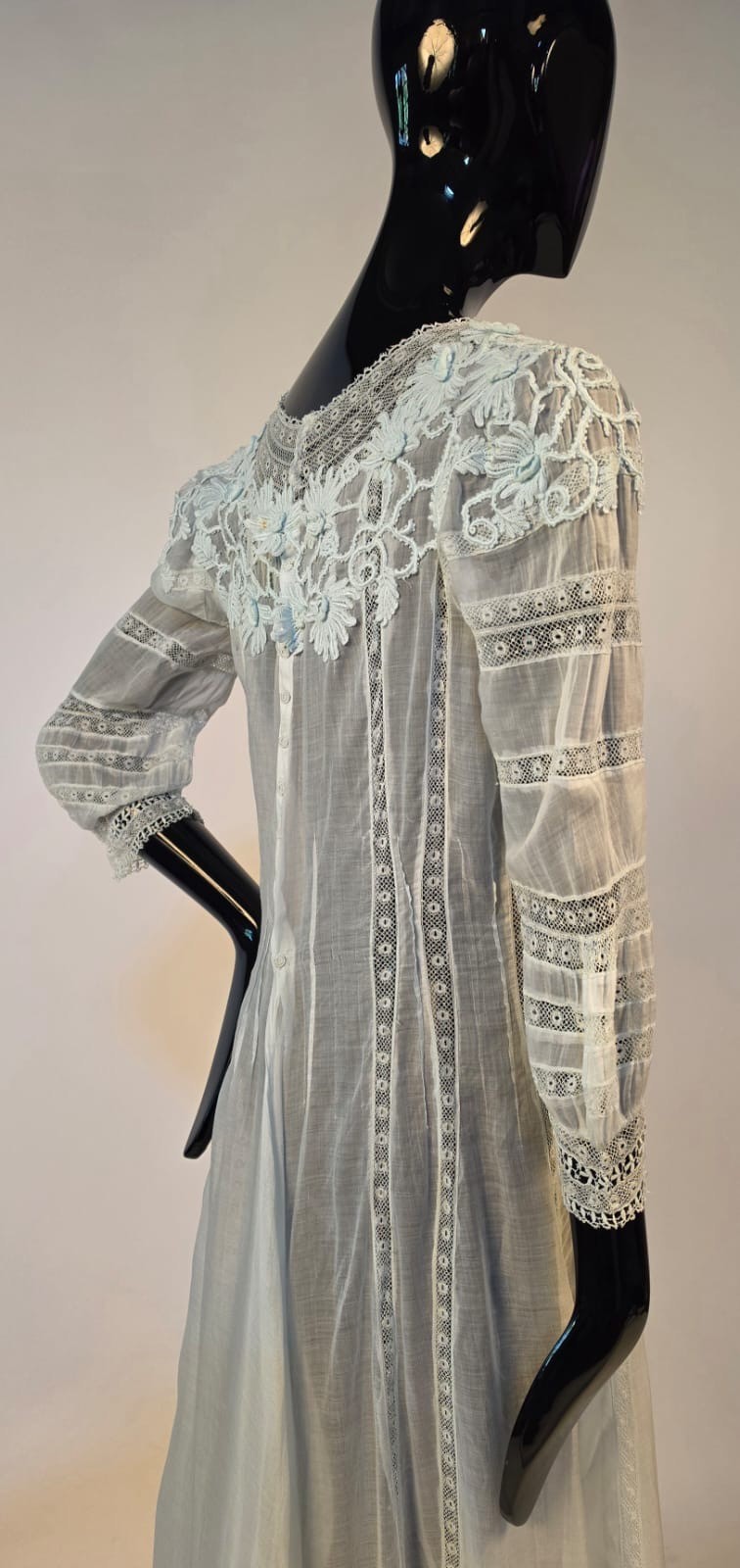 ROMANTIC EDWARDIAN ICE BLUE COTTON DRESS W APPLIED LACE + RUFFLE BOTTOM