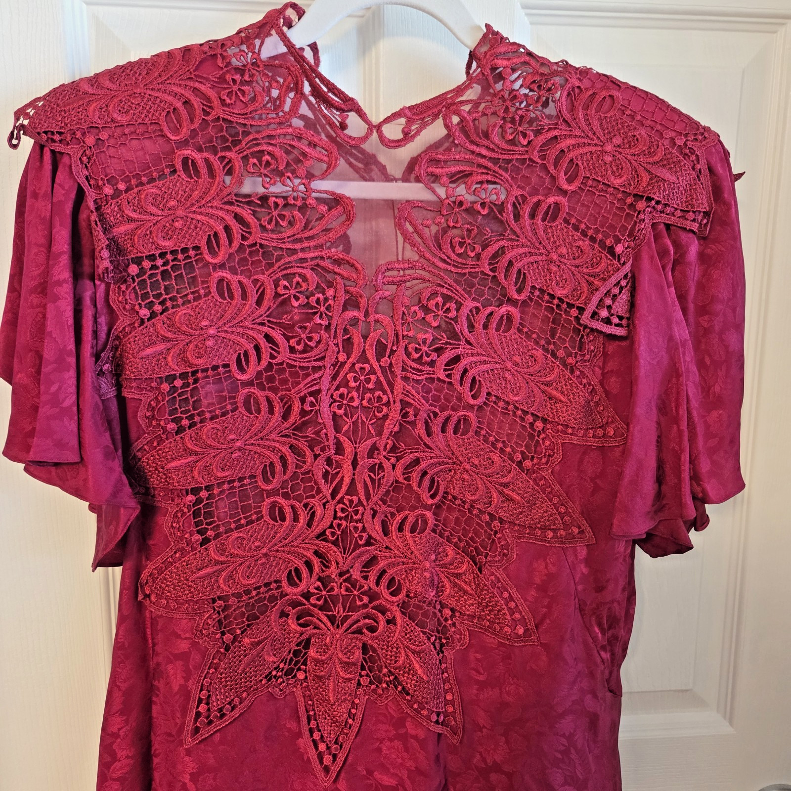 Capriccio by Digna Jacquard Silk Blend Dress Size 12 Red Lace US VTG 1980s 1990s