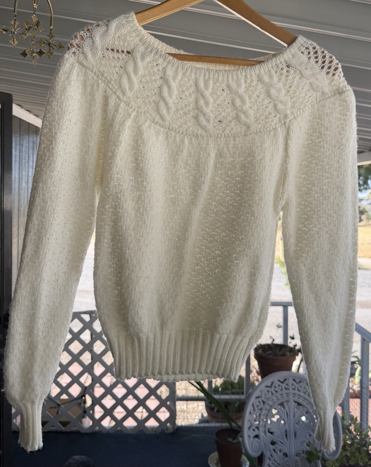 Vintage Cream Knit Open Stitch Yoke Sweater – Soft Cozy Cottagecore Knitwear