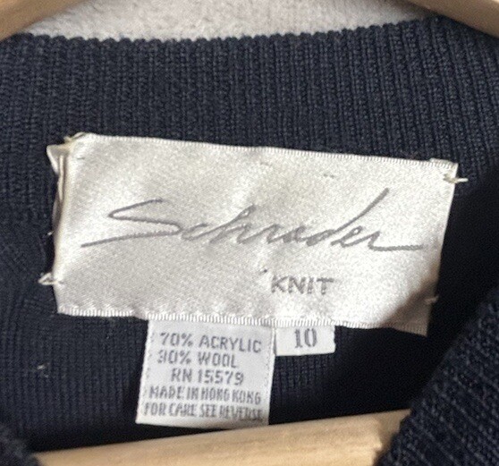Vintage Schrader Knit Dress Womens 10 Navy Wool Stretch A-Line Midi 1980s City