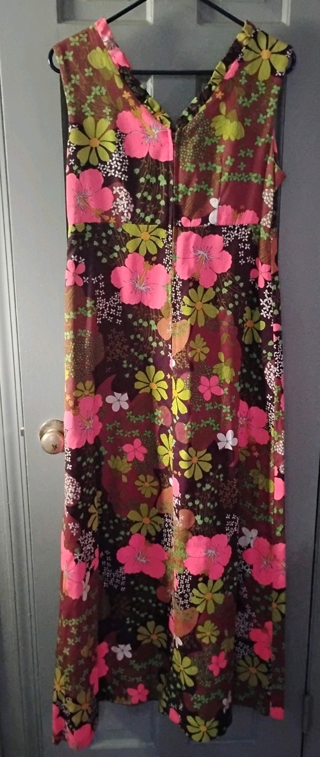 Vtg 60s Hukilau Fashions Hawaiian Barkcloth Maxi Dress 14 Hibiscus Pink Brown