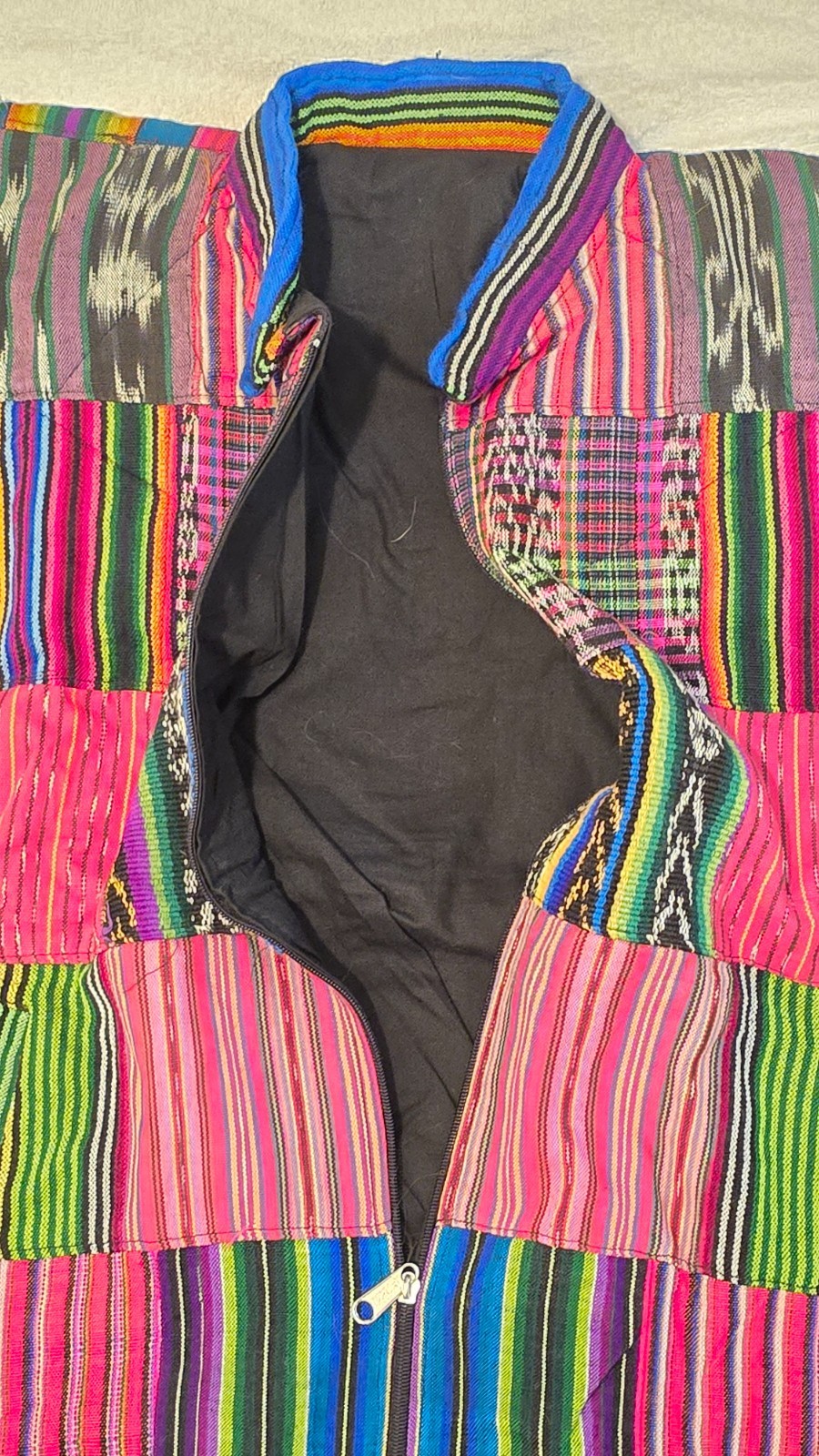 Huipil Strip Guatemala Hippie Patchwork Festival Woven Zip Bomber Jacket VTG 90s