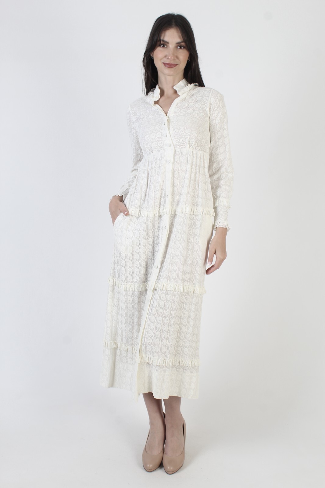 Vintage Plain White Lace Dress Button Up Victorian Tiered Sheer High Waist Midi
