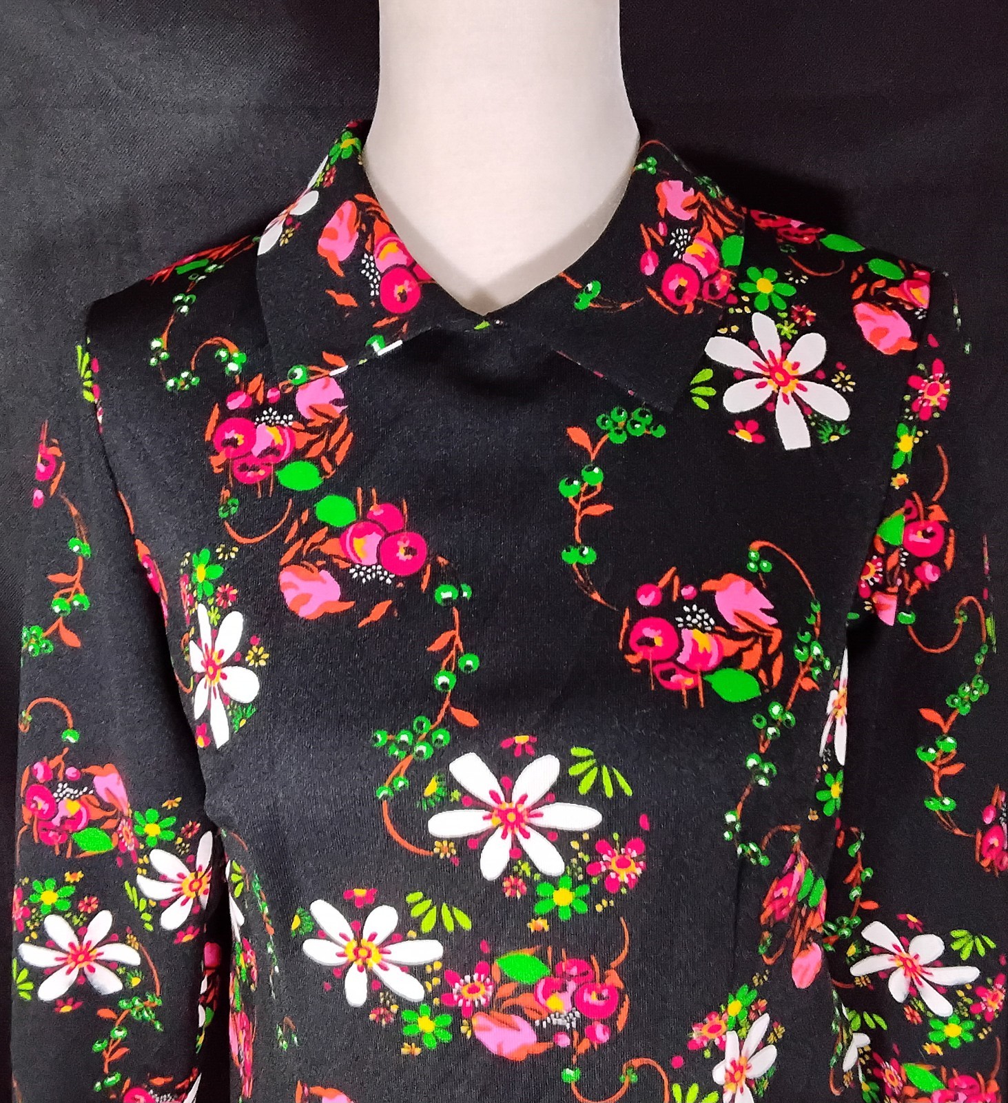 Vintage 70s Unbranded Shift Midi Black Floral Dress Long Sleeves Sz M/L USA