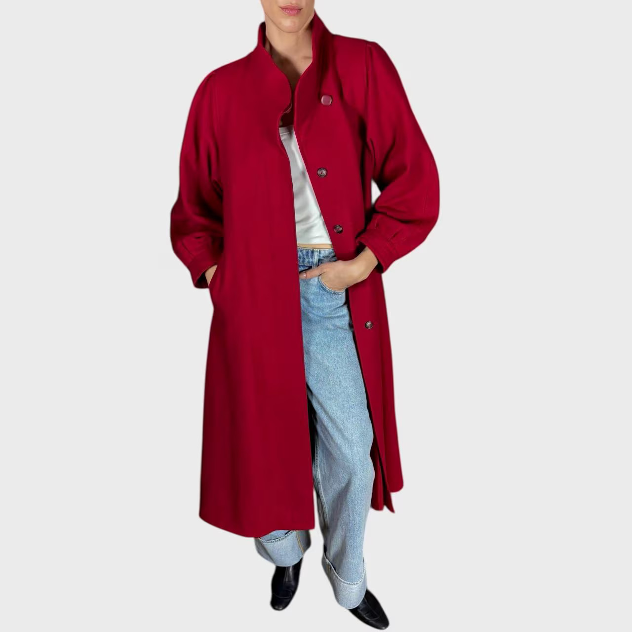 Vintage Red Wool Coat Belted Waist Elegant Longline Overcoat size US10; EU40