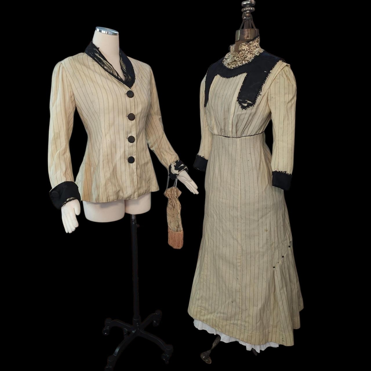 Antique Walking Suit 2 Pc Cream Pinstripe Purse Dress Black Trim Blazer Jacket