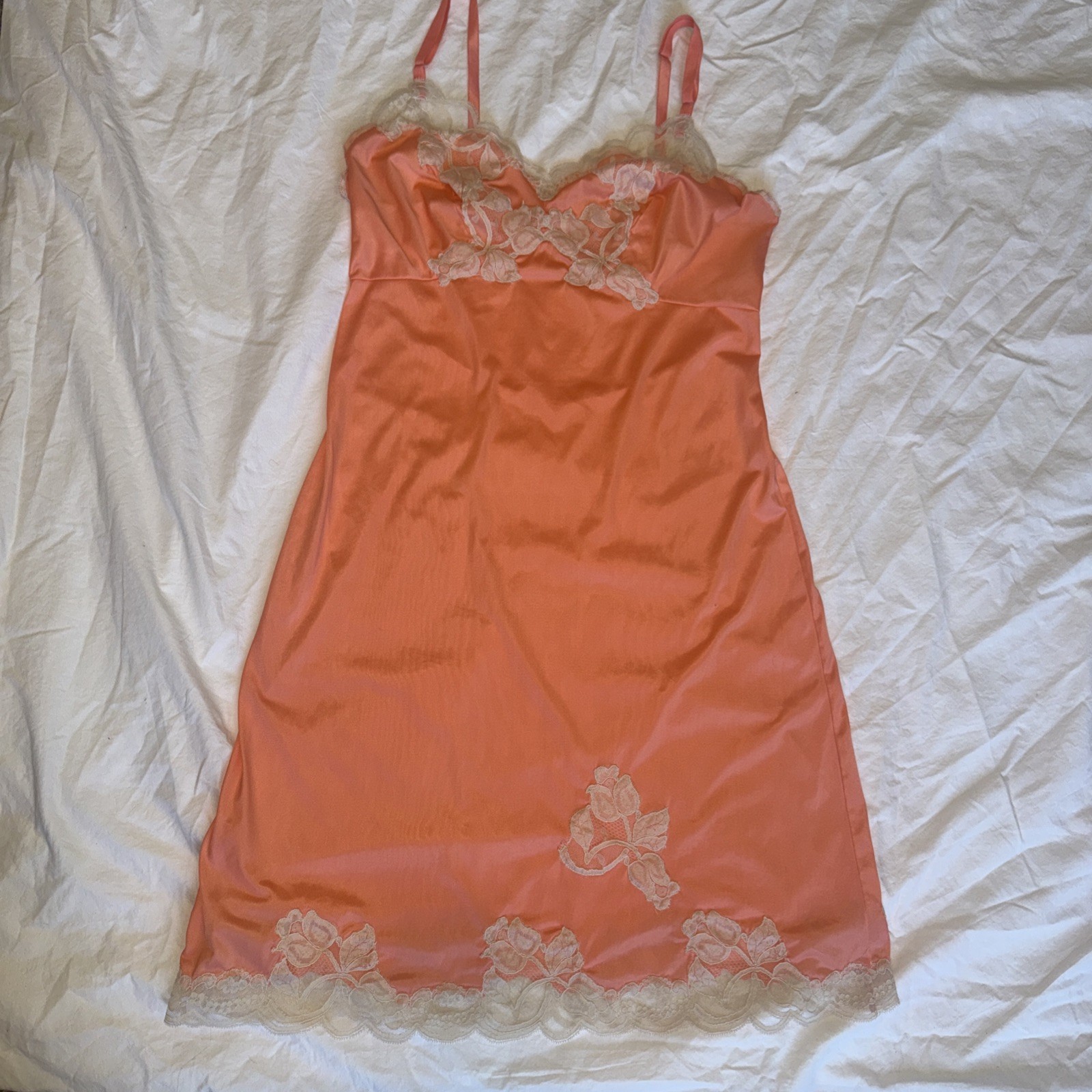 Vintage Kayser orange/pink Slip Dress Lace Trim small