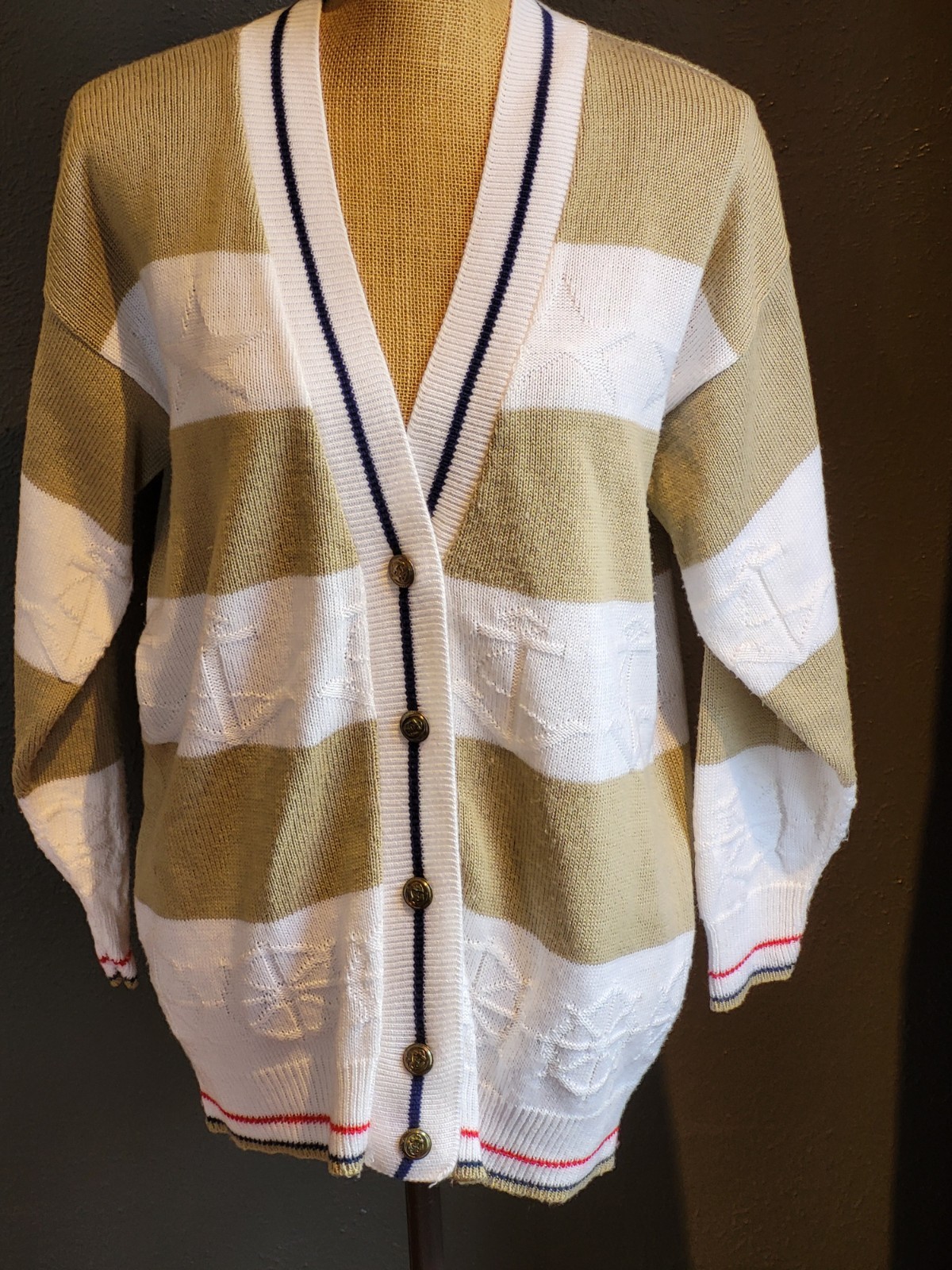 Cristin Stevens Vintage Acrylic Striped Cardigan Nautical Themed Large