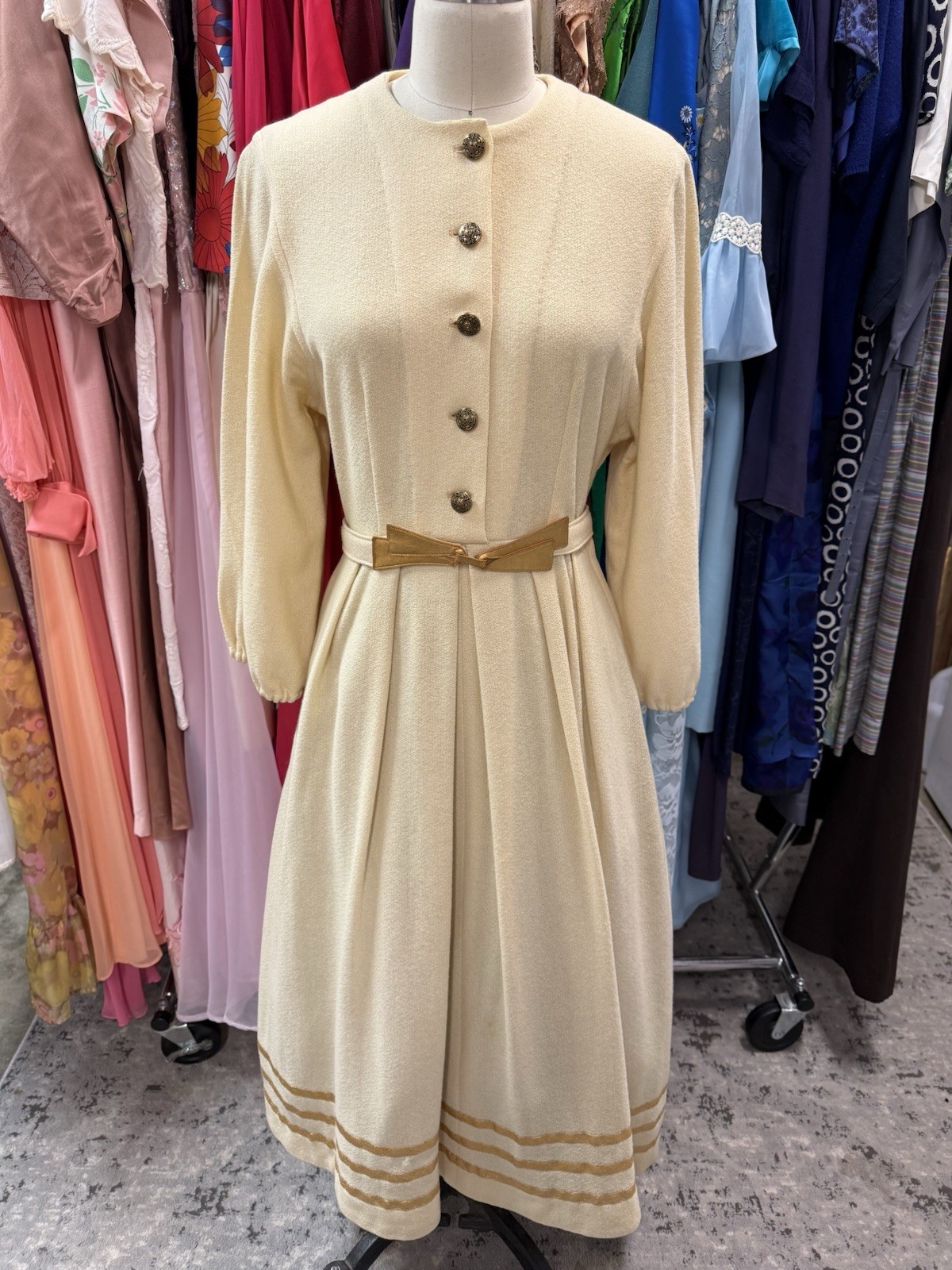 Vintage 1940s Ivory Wool Aline Dress Gathered Skirt w/Gold Trim S/M 35b X 29w