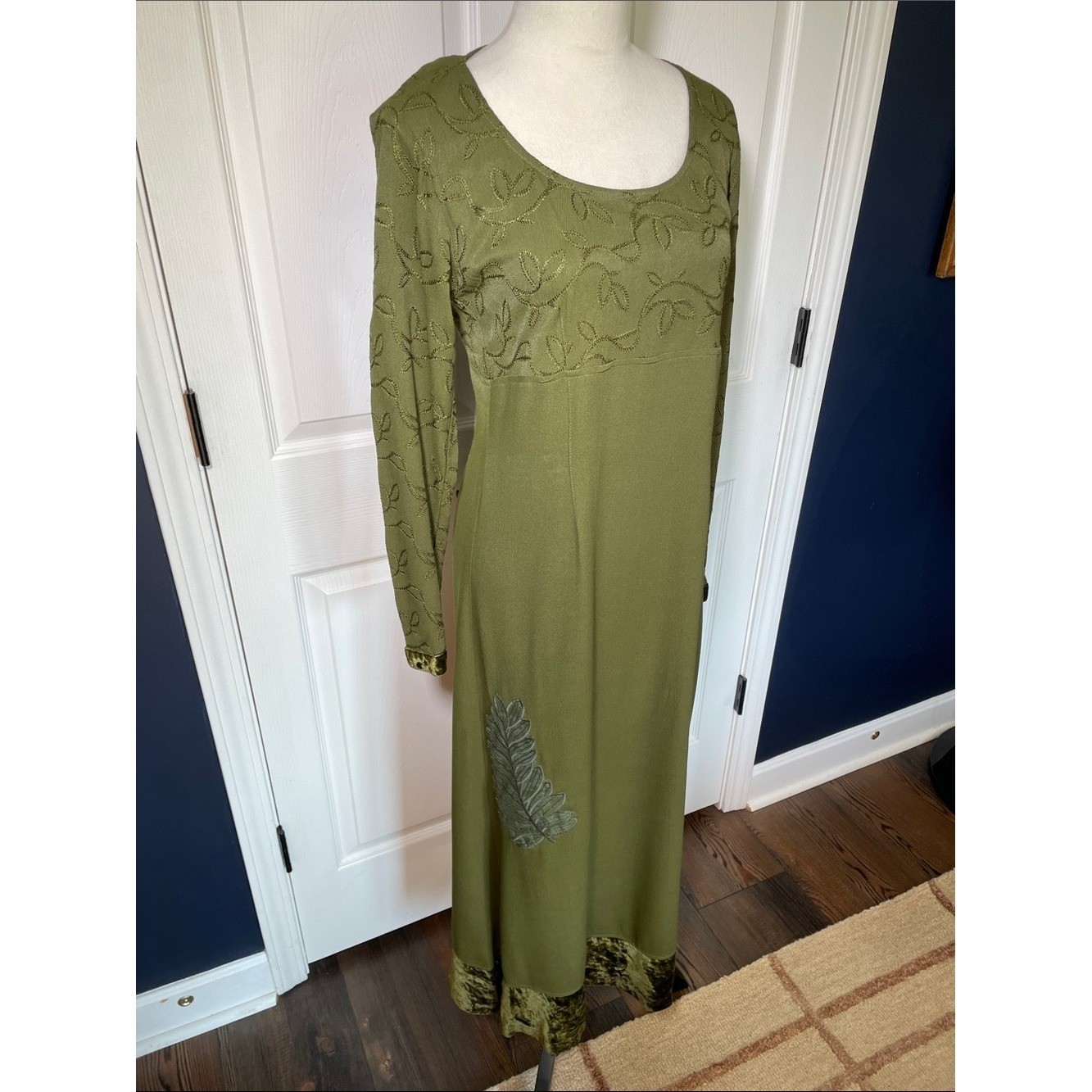 Vintage Johnny Was Embroidered Olive Green Maxi Dress Velvet Trim XS