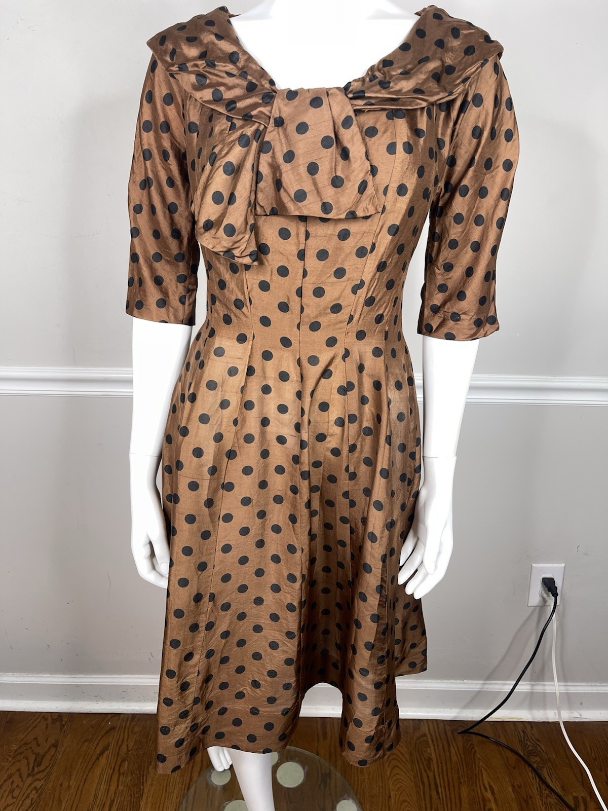 Vintage 1950&rsquo;s Gigi Young NY brown Silk dots Dress 36” bust 26” waist
