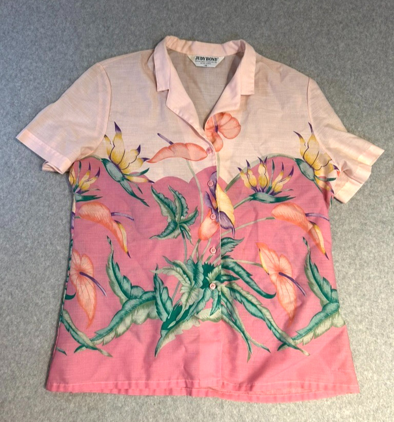 JUDY BOND Women&rsquo;s Hawaiian Shirt Vintage Size 16 Pink And Green Floral Pattern
