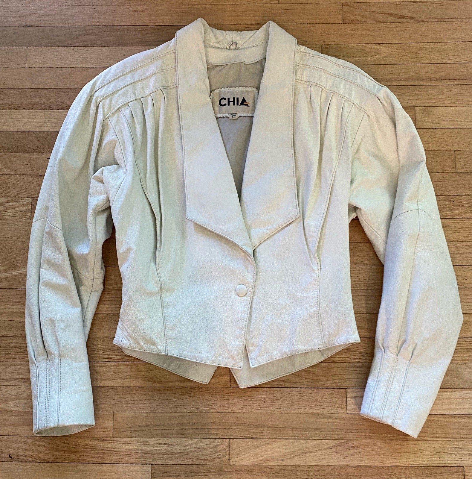Chia Vintage 80s 90s Women&rsquo;s White Leather Biker Yoked Waist Coat Jacket sz M