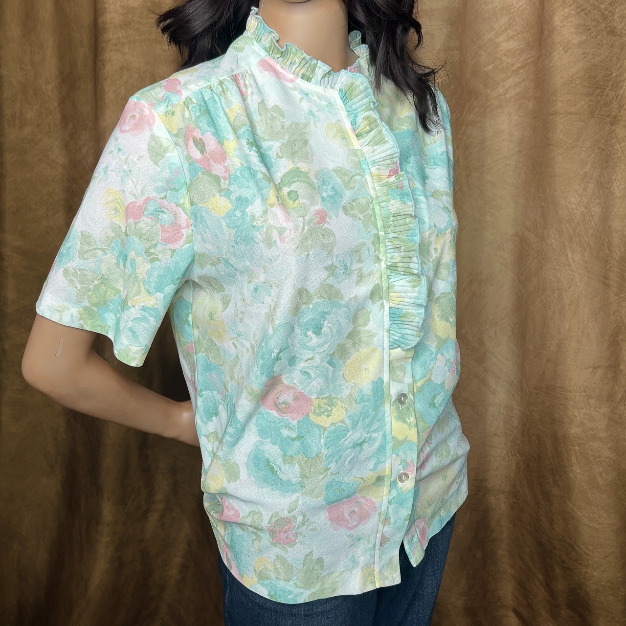Vintage 70s Graff California Wear Floral Polyester Blouse Multicolor Pastel Boho