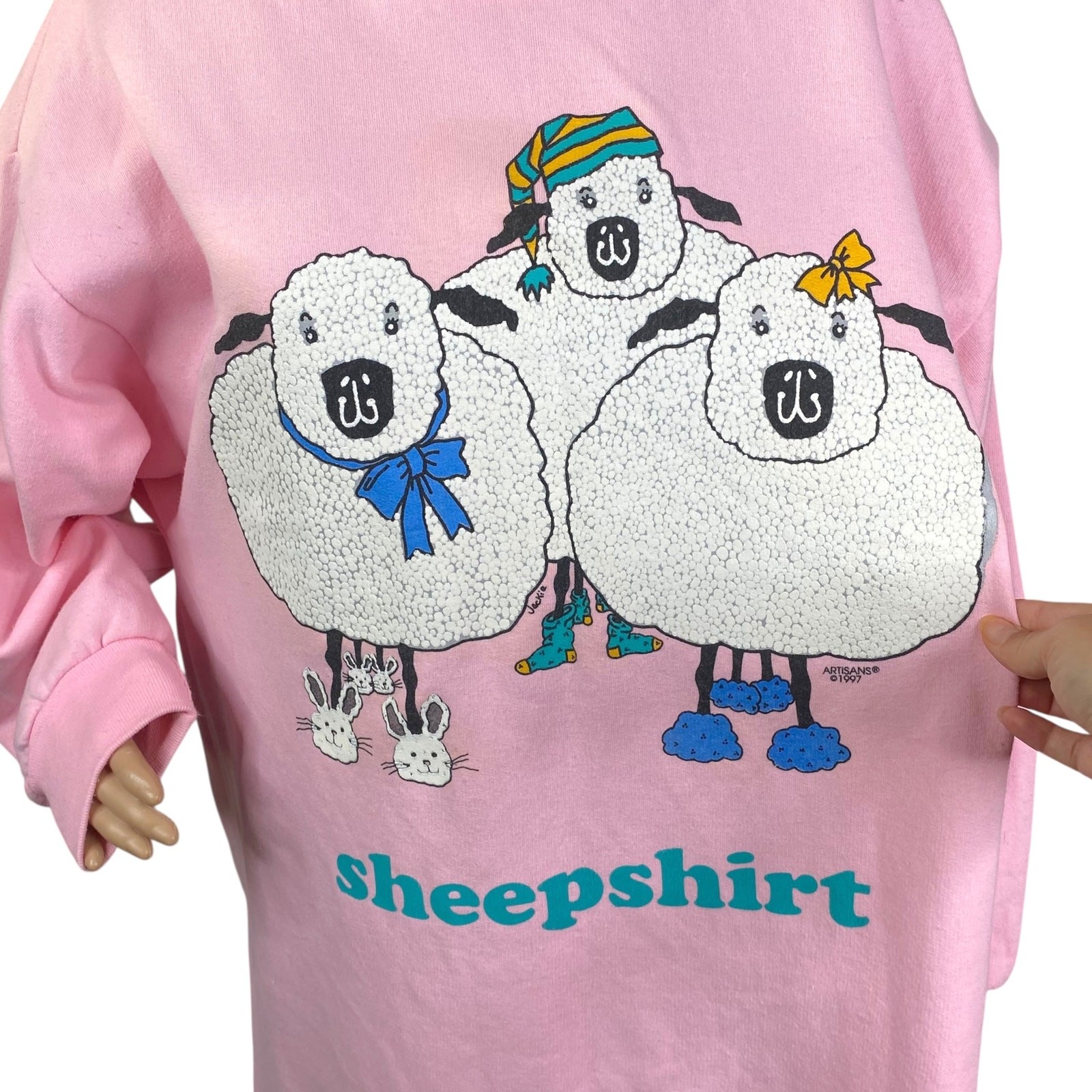 Vtg 1997 Artisans Sunschein Designs Sheep Shirt Pink Novelty Nightgown SZ L/XL
