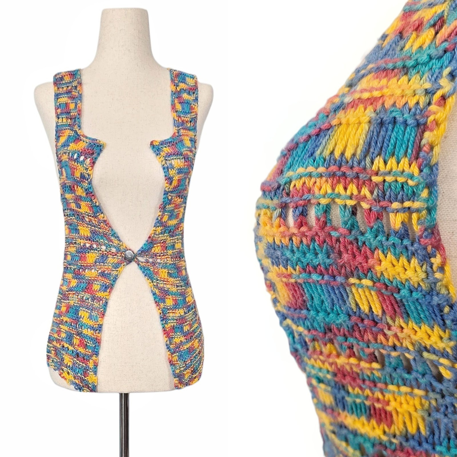 1970s Vintage Vest 70s Crochet Handmade Knit Yarn Top XS Small Hippie Bohemian