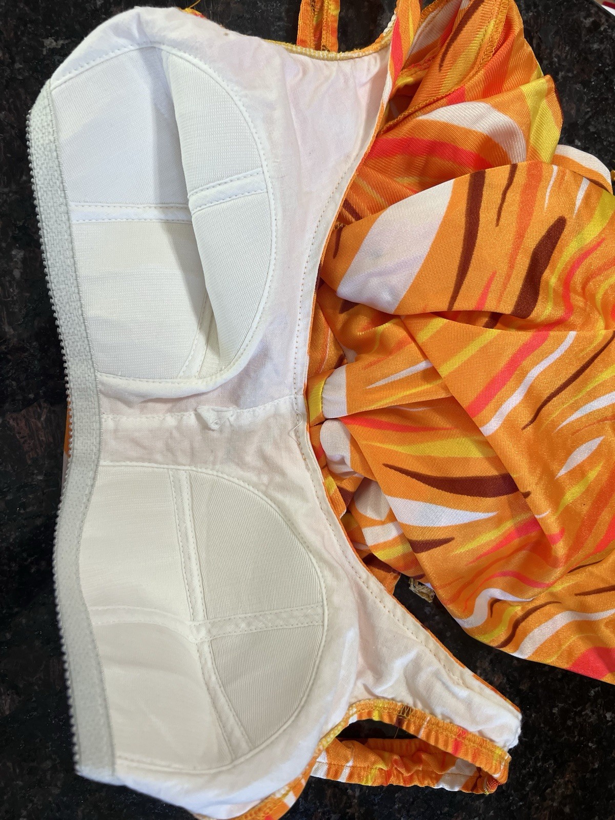 VTG 60s Union Made Abstract Orange Yellow & Brown Skirt Cover Swim Suit Med