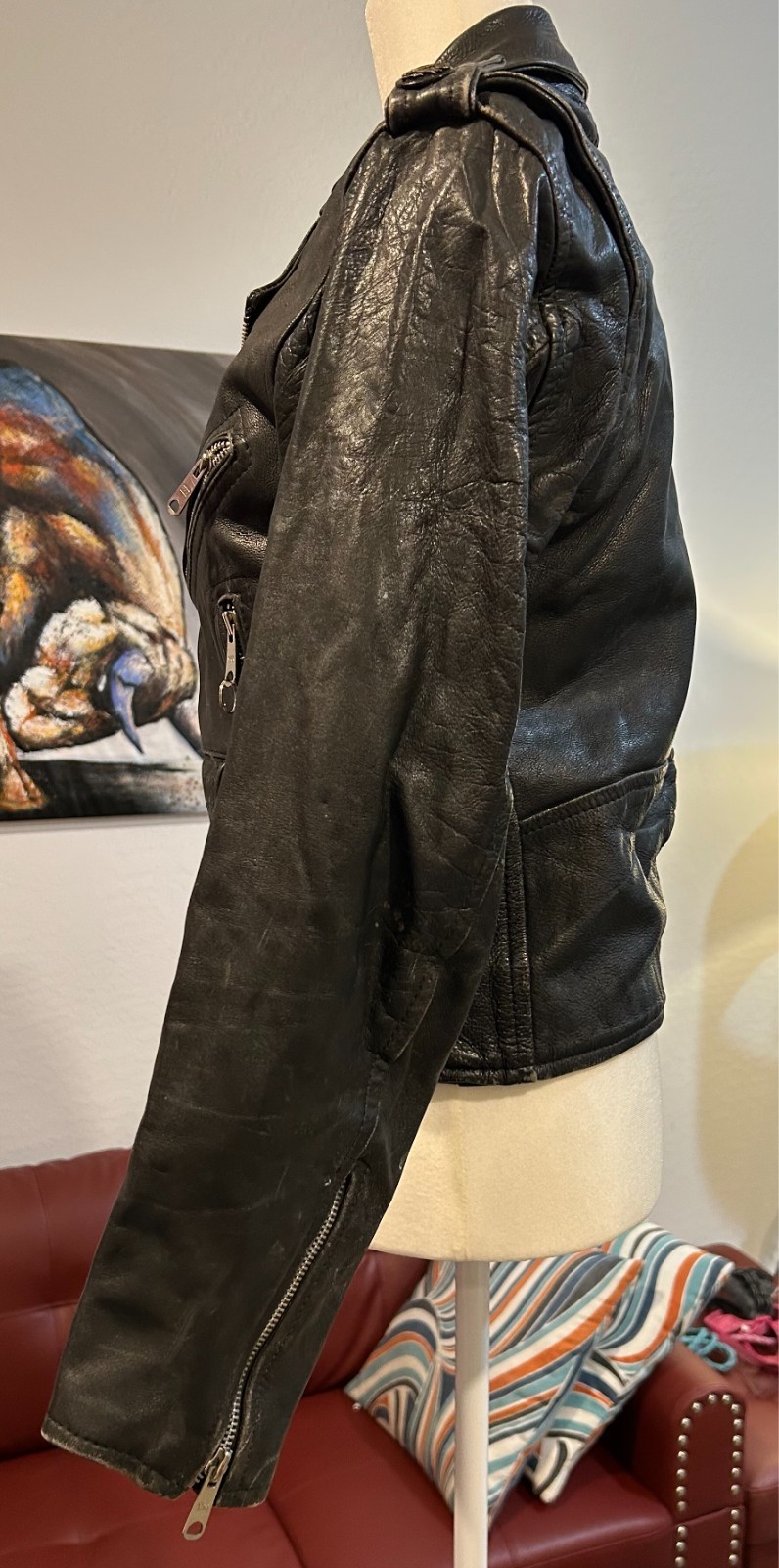 Vintage Leather Motorcycle Jacket Black Men&rsquo;s Small W/Zipper Pockets And Snaps