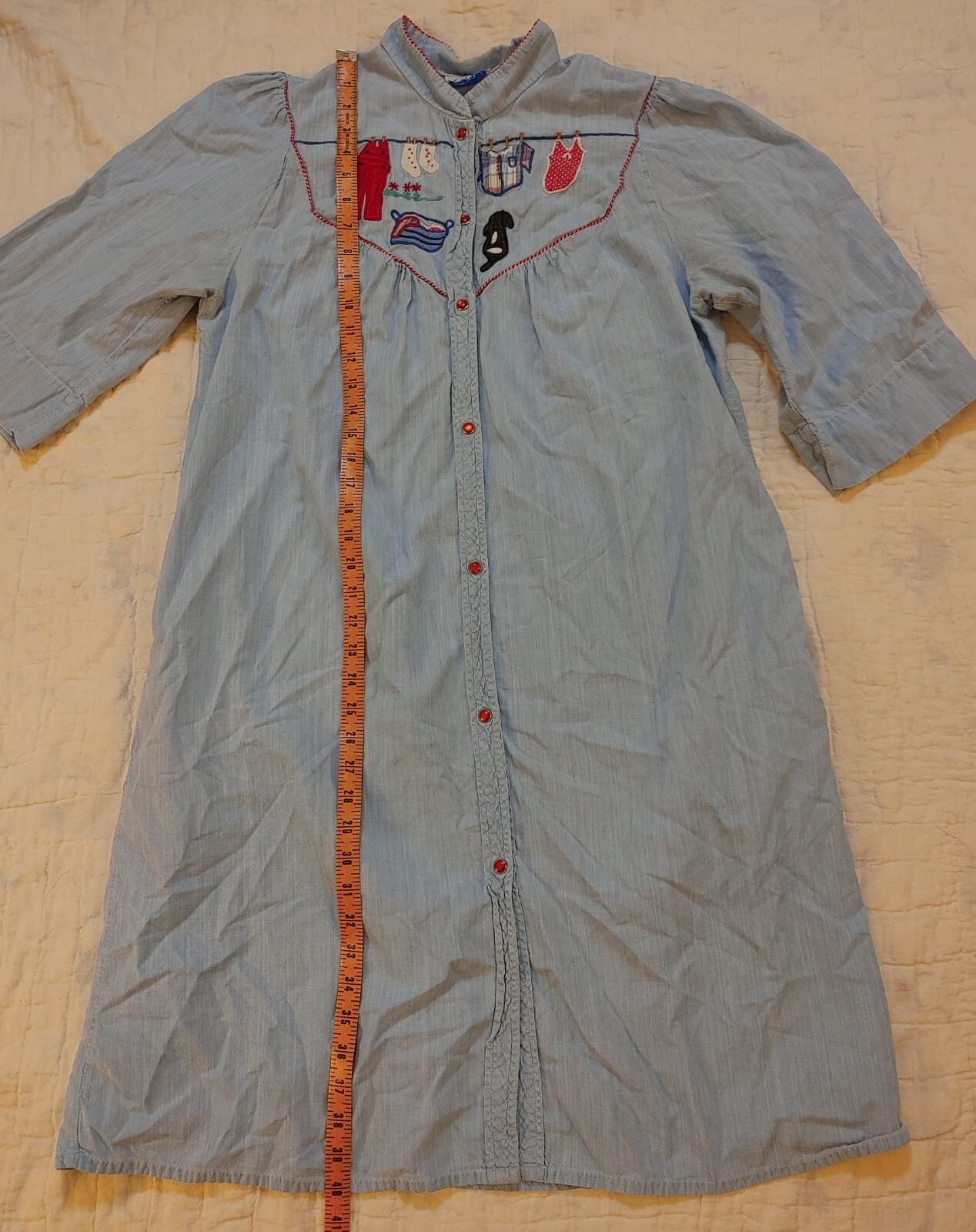Vintage Smart Time Chambray Denim House Dress Womens sz S/M Snaps Grannycore