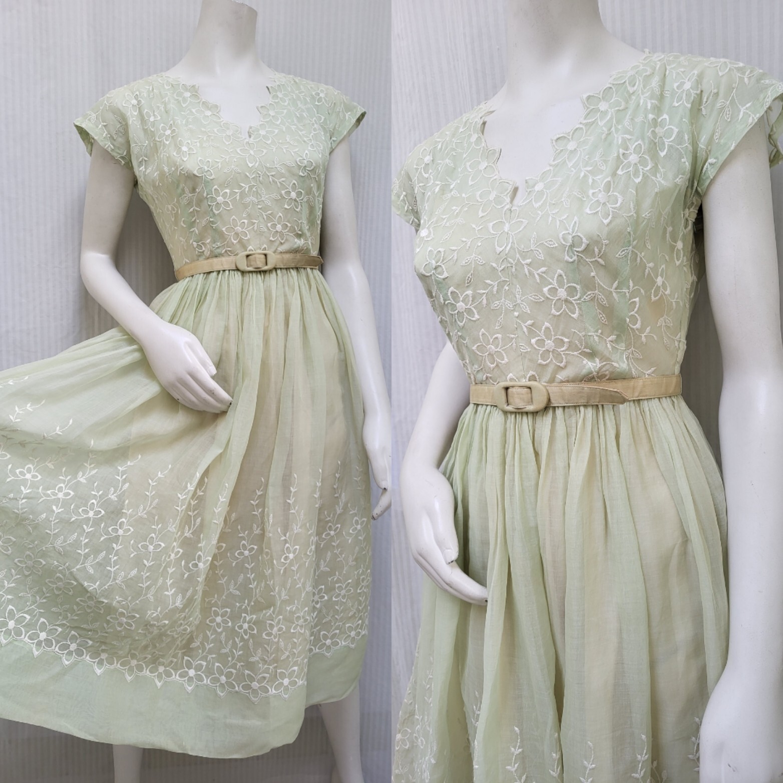 Vintage 1950s Green Cotton Voile Embroidered Floral Dress w/ Belt – Size S