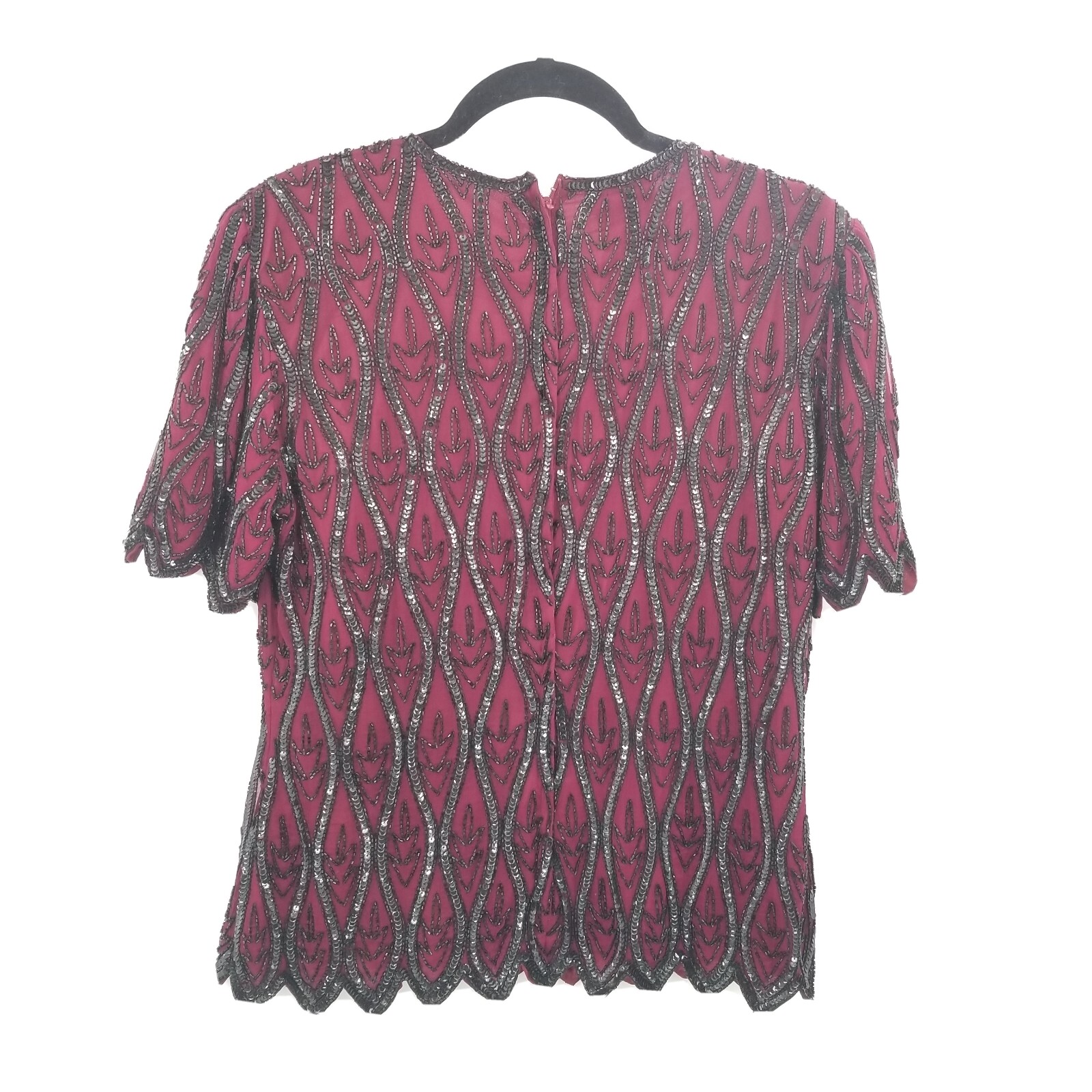 stenay Small Vintage silk beading evening blouse womens maroon red black