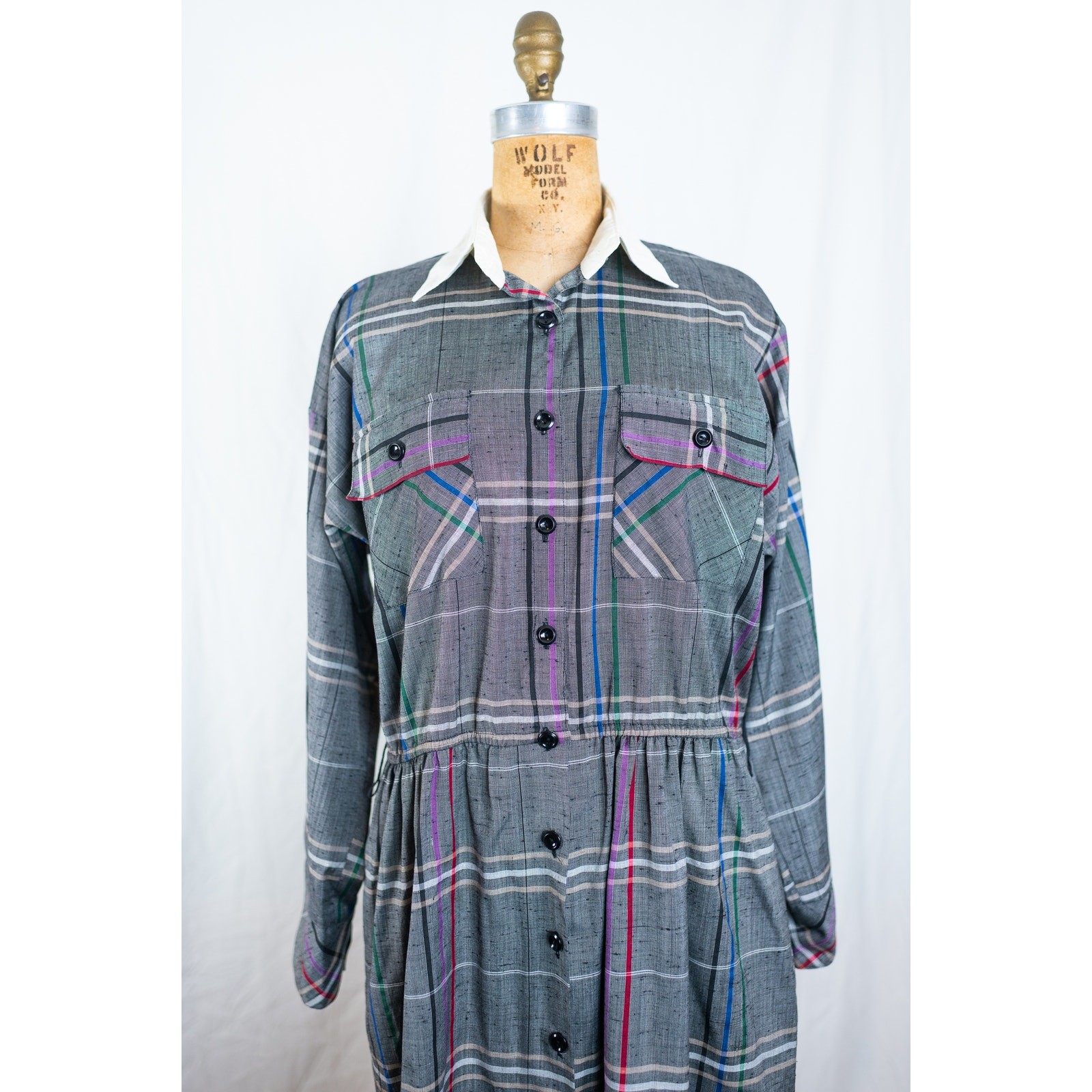 Vintage 90s Gray Plaid Midi Shirt Dress, Collared Long Sleeved, Academia, MED/LG