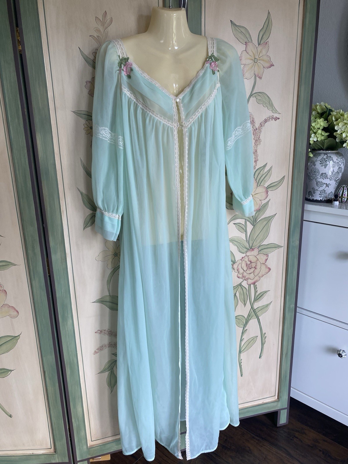Vtg 1960s to 1970s Slumber Suzy « Dreamwear » peignoir robe Mint Floral Embroidery