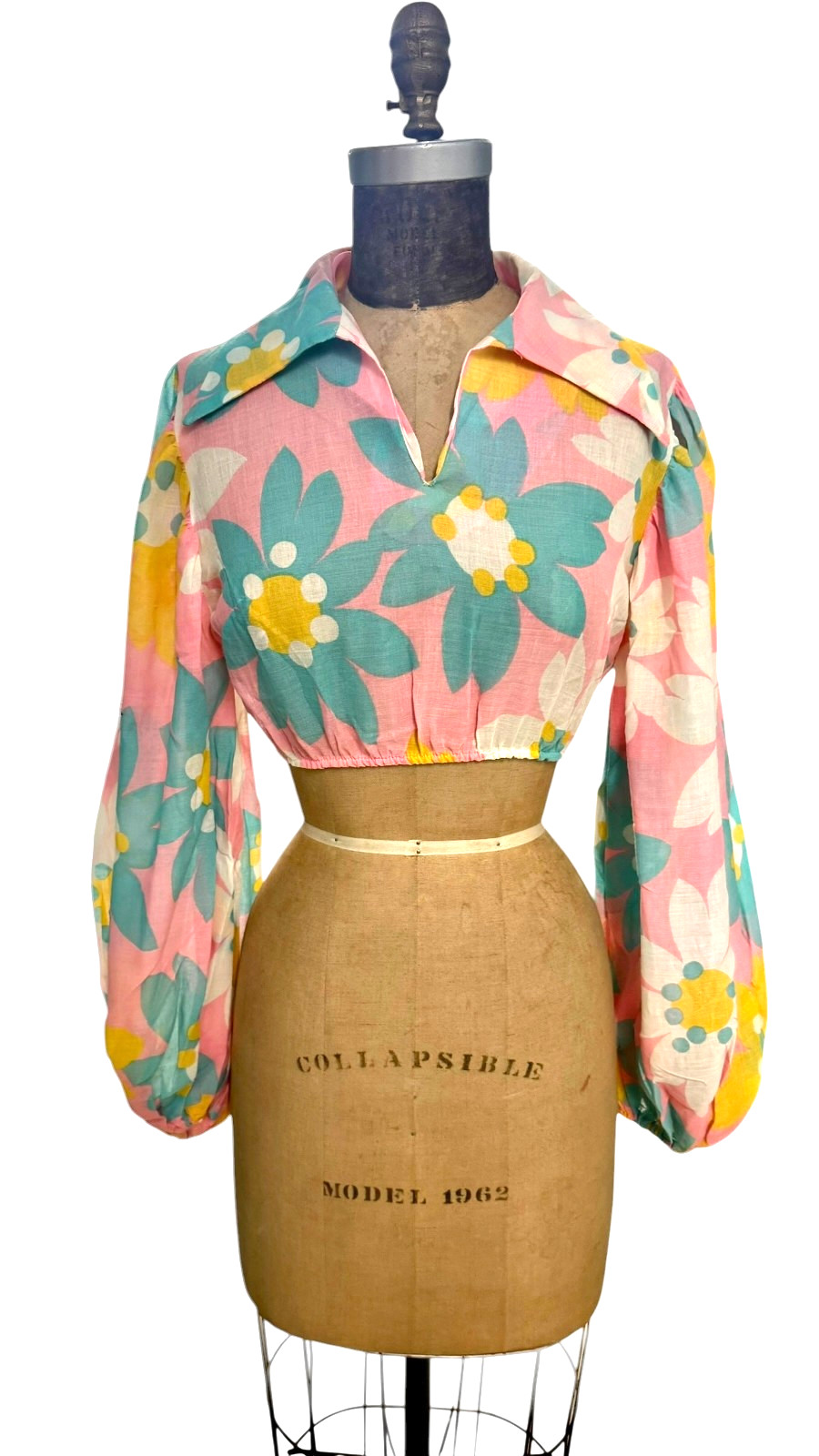 Vintage 70s Dagger Collar Flower Power Crop Top Puffy Sleeves Small