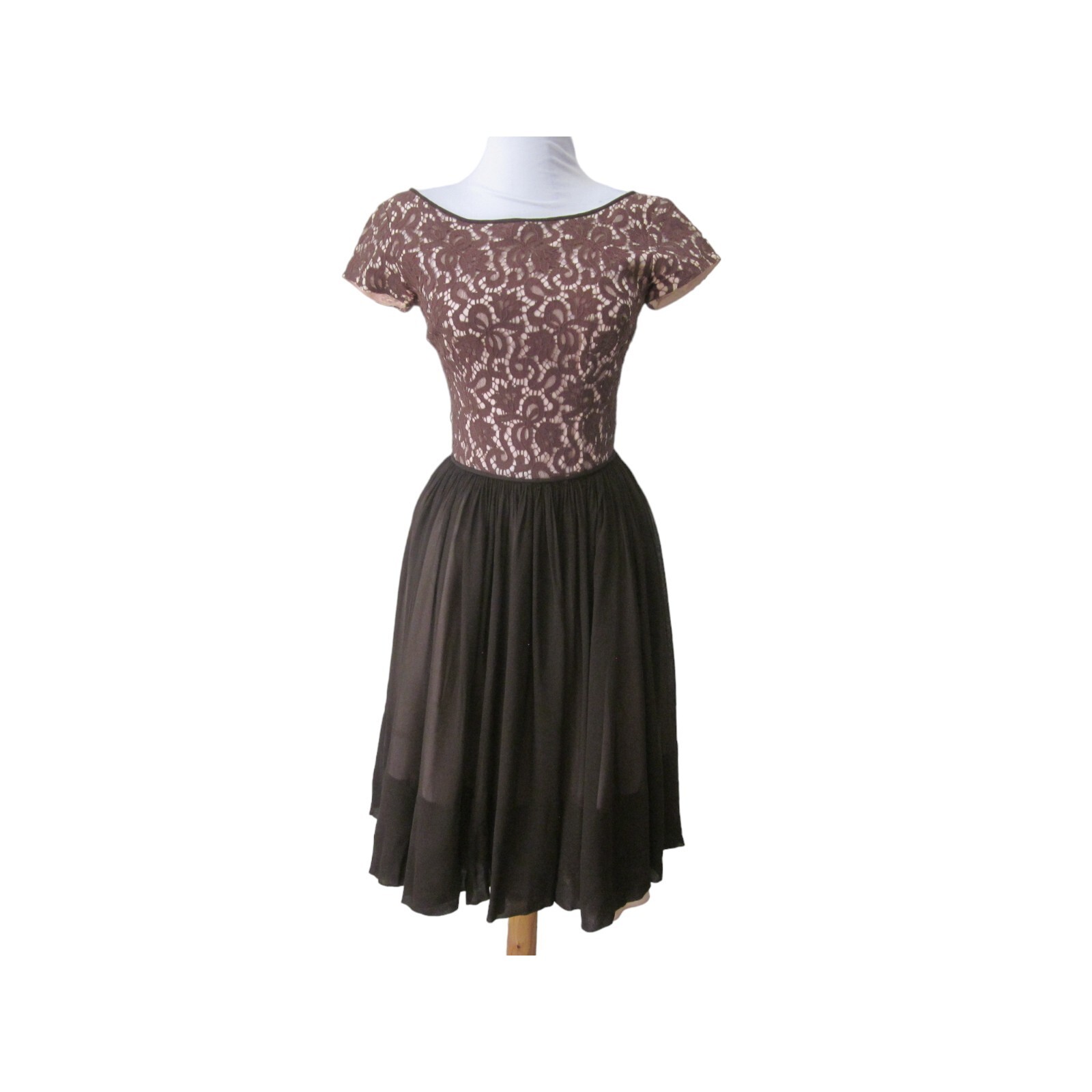 VTG 60&rsquo;s Brown Illusion Lace Bodice Taffeta & Silk Cap Sleeve Dress UNION LABEL
