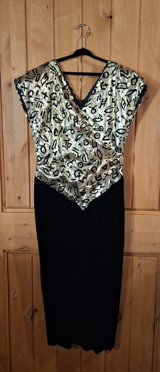 80s does 50s Gold Lame Black Velvet Hieroglyphic Wiggle Dress Pin Up Viva