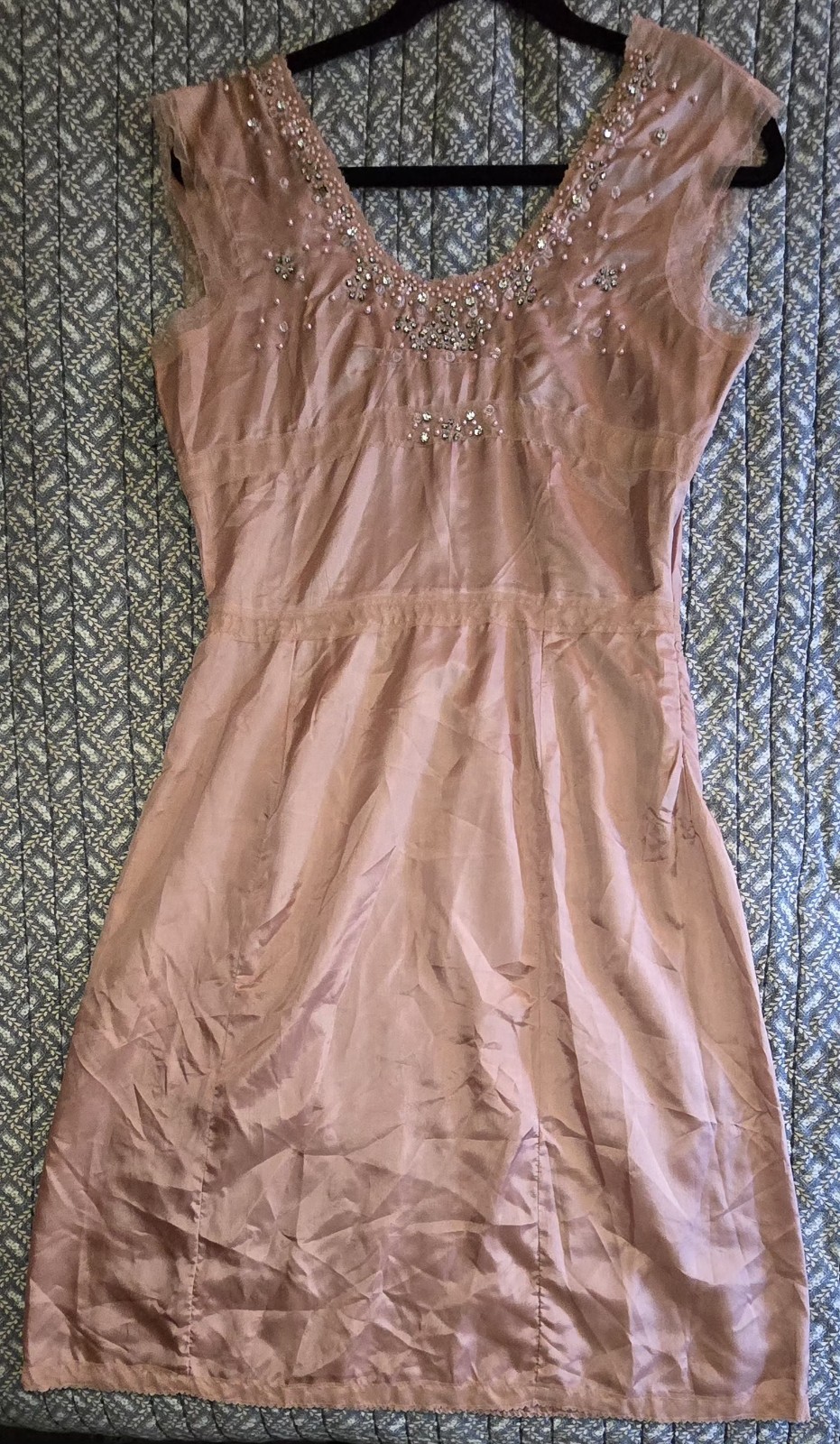 Blush Pink Beaded Sheer Mid-length Vintage Style Dress With Slip Size M