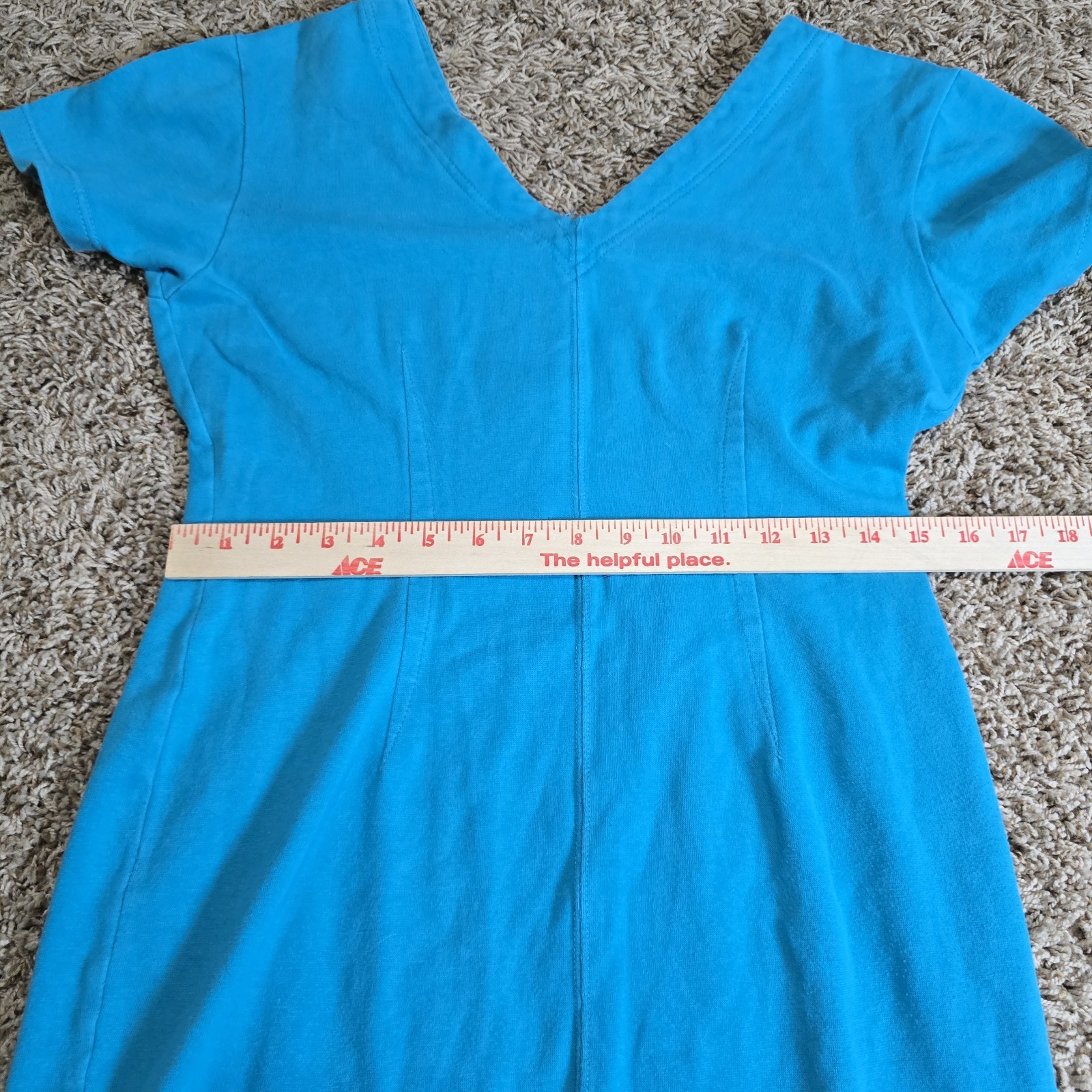 Vintage Sample Dress Blue Cotton Short Sleeve V-Neck Size M Made in Hong Kong