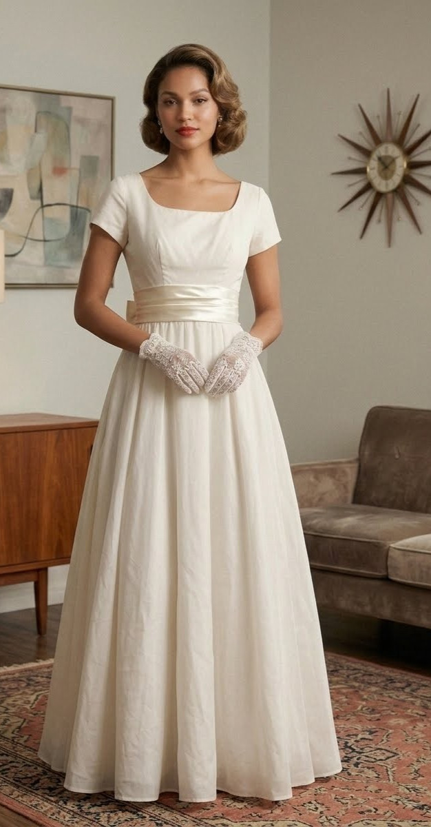Vintage 50&rsquo;s 60&rsquo;s Wedding Gown SMALL Ivory Satin Rosette Bow cap sleeve Chiffon